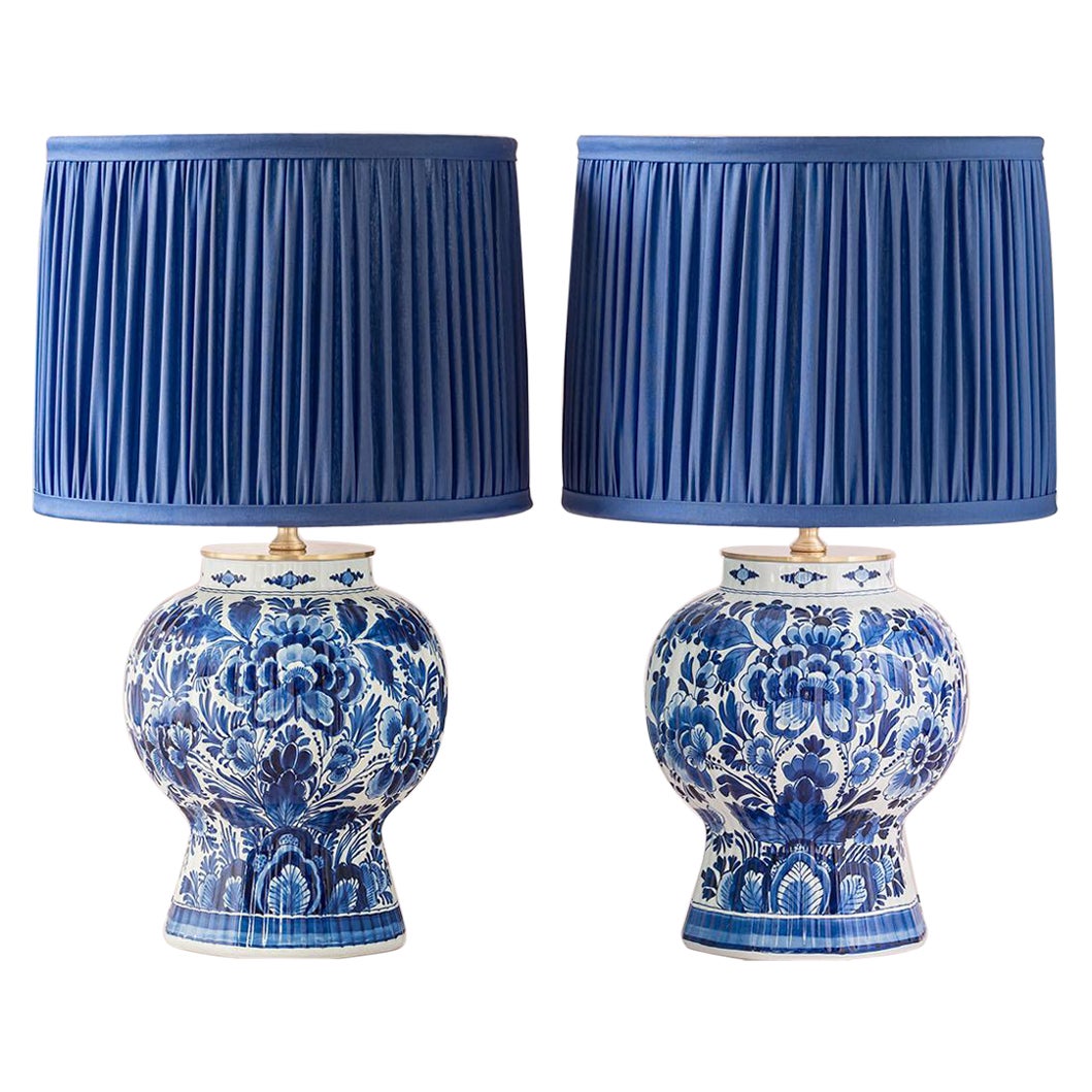 Royal Delft Blue Table Lamps (1964 & 1978) with New Cobalt Blue Lampshades