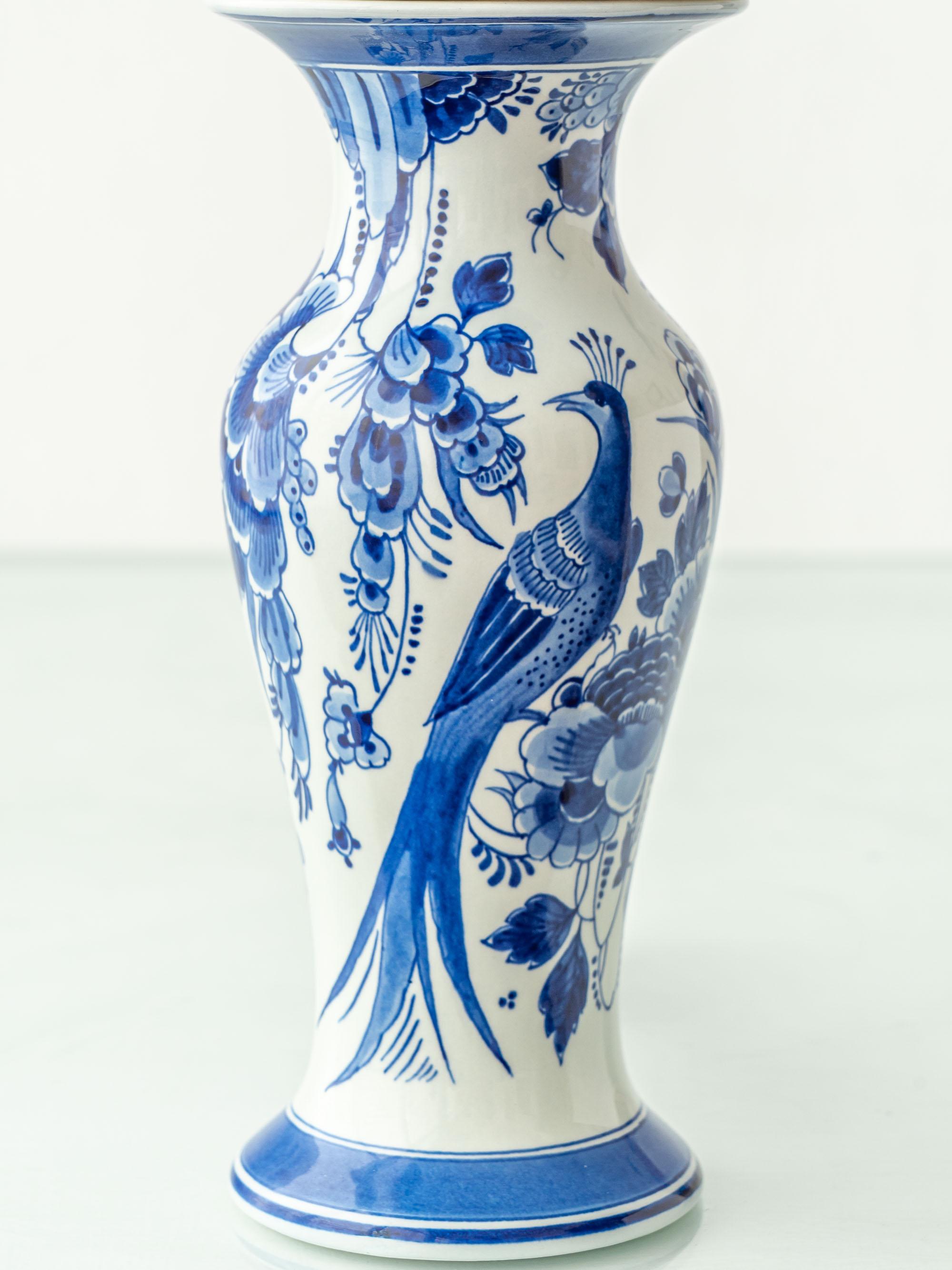 Dutch Royal Delft Blue Table Lamps, 1970s, with New Green Silk Lamphades, Pair For Sale