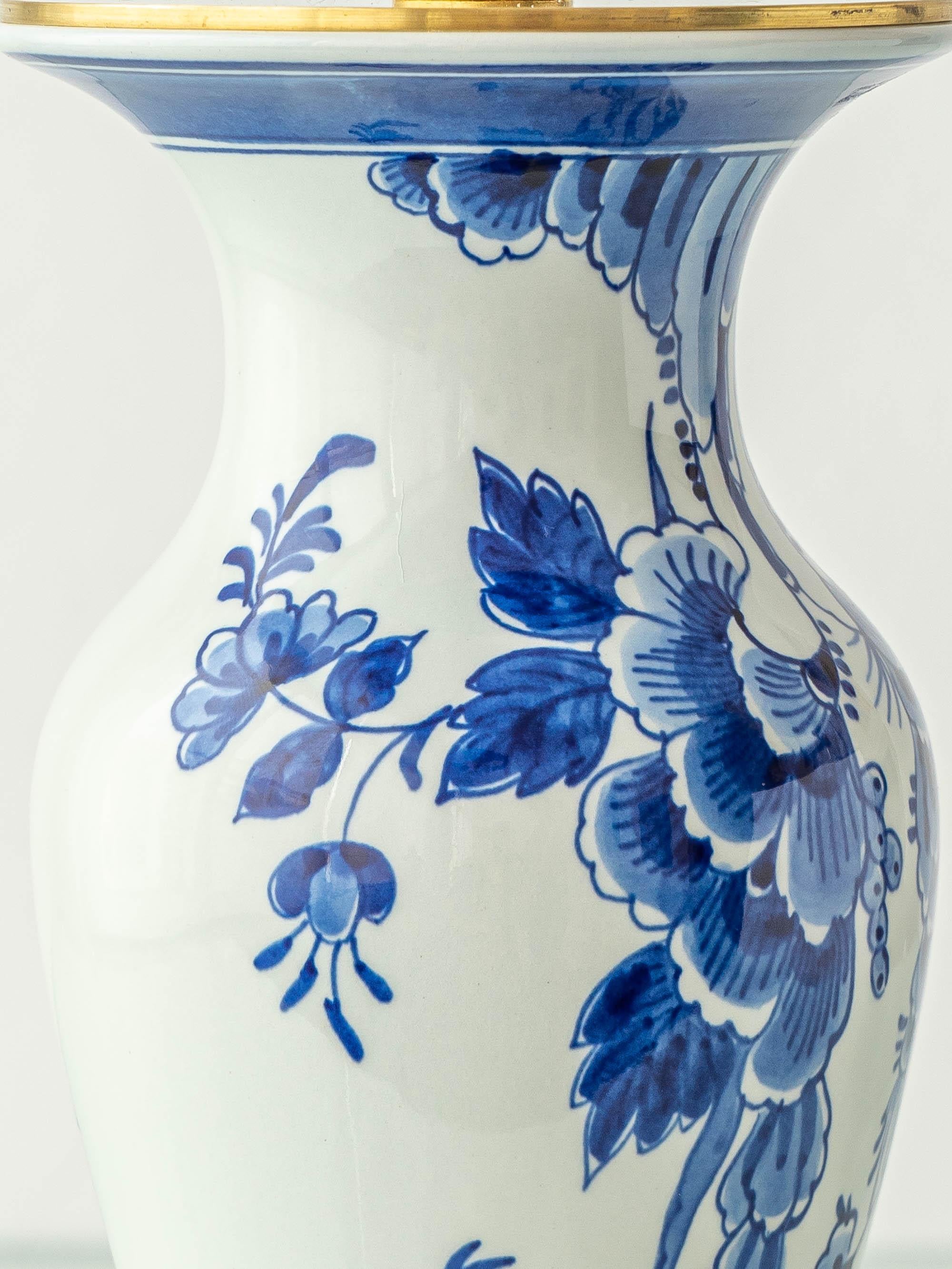 Royal Delft Blue Table Lamps, 1970s, with New Green Silk Lamphades, Pair For Sale 1