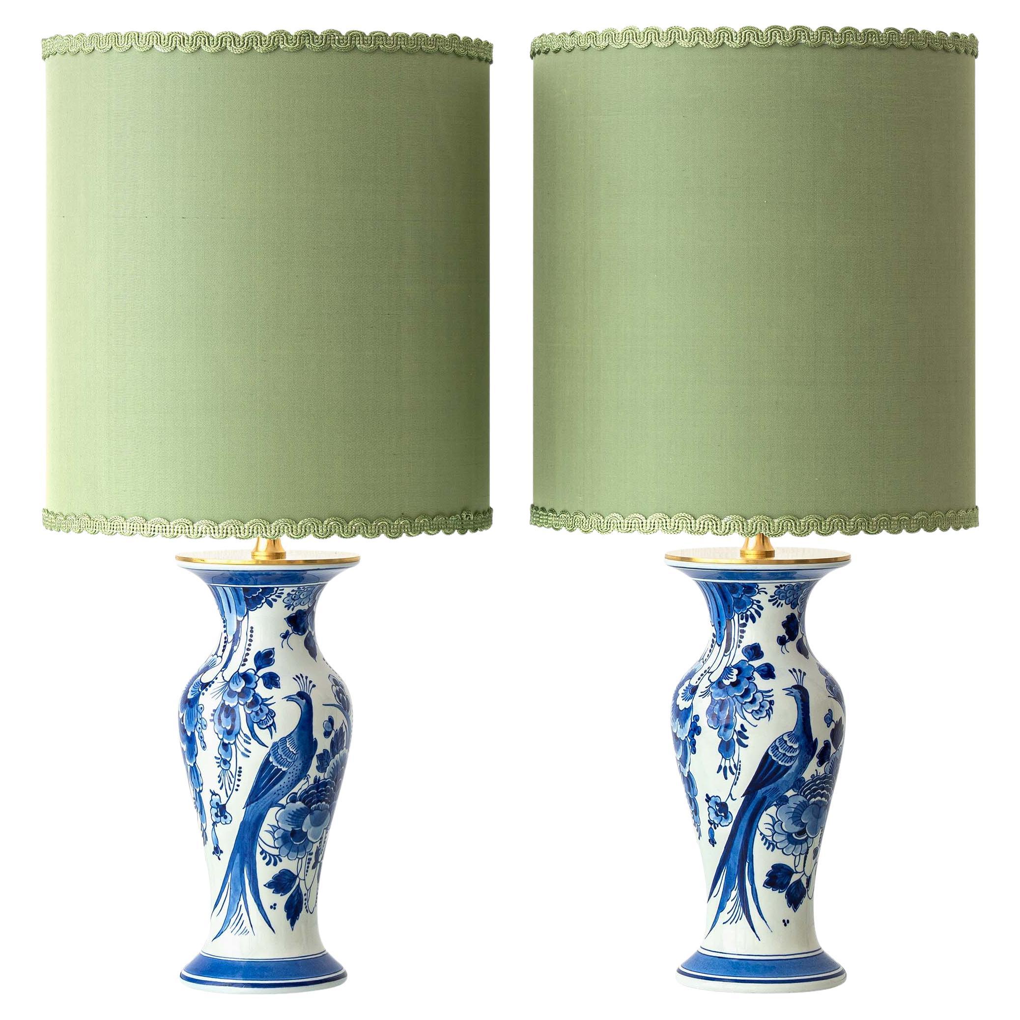 Royal Delft Blue Table Lamps, 1970s, with New Green Silk Lamphades, Pair