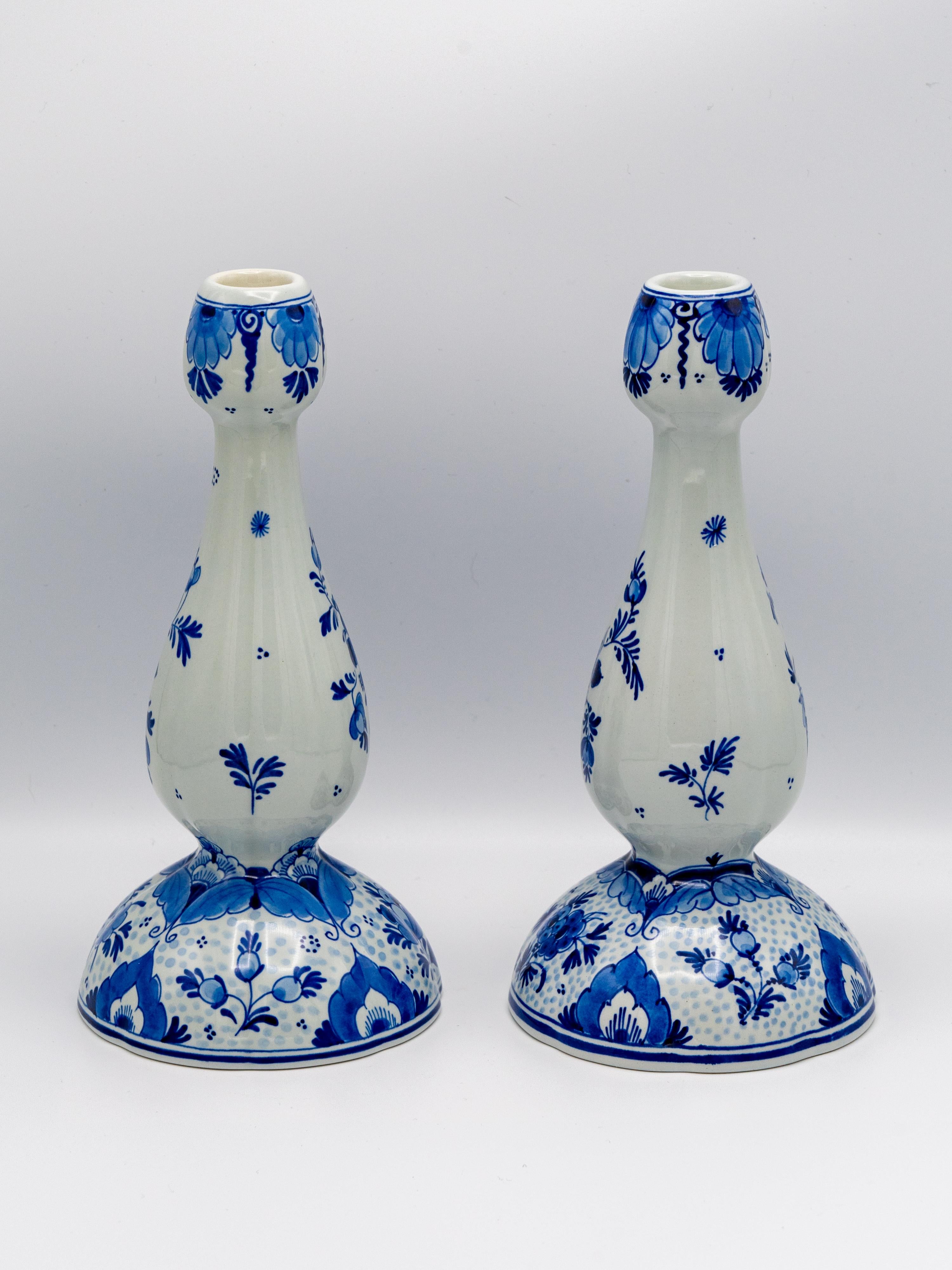 Dutch Royal Delft Blue Tulip-Shaped Candlesticks, Hand-Painted, 1982 & 1992, Pair