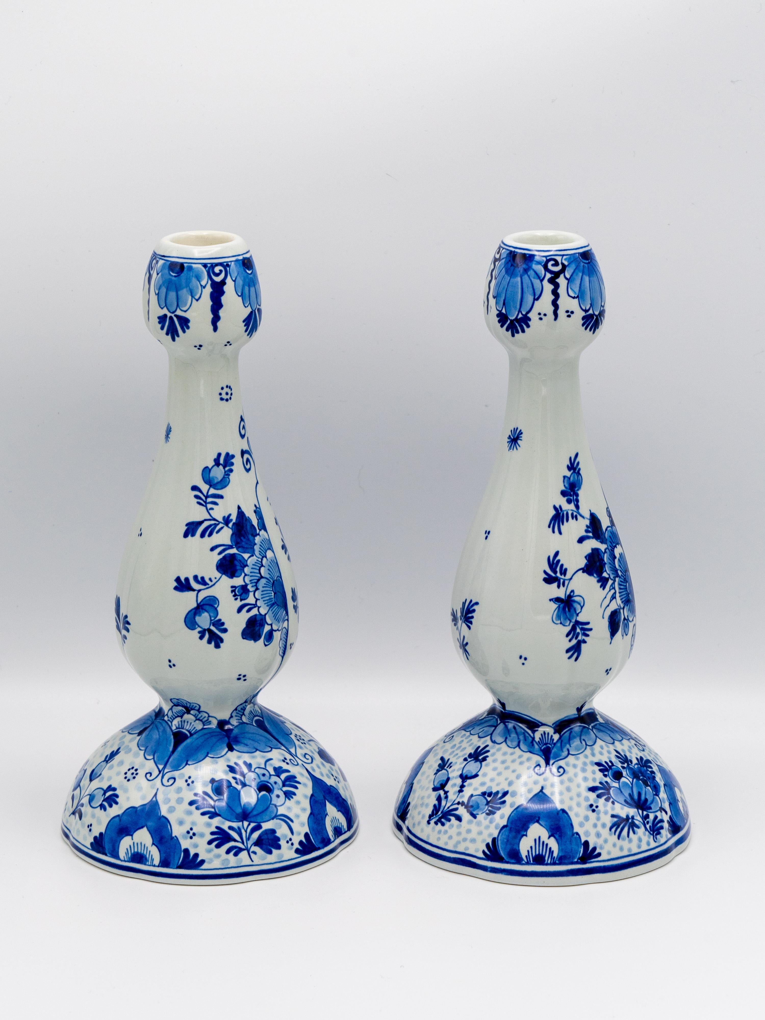 Glazed Royal Delft Blue Tulip-Shaped Candlesticks, Hand-Painted, 1982 & 1992, Pair