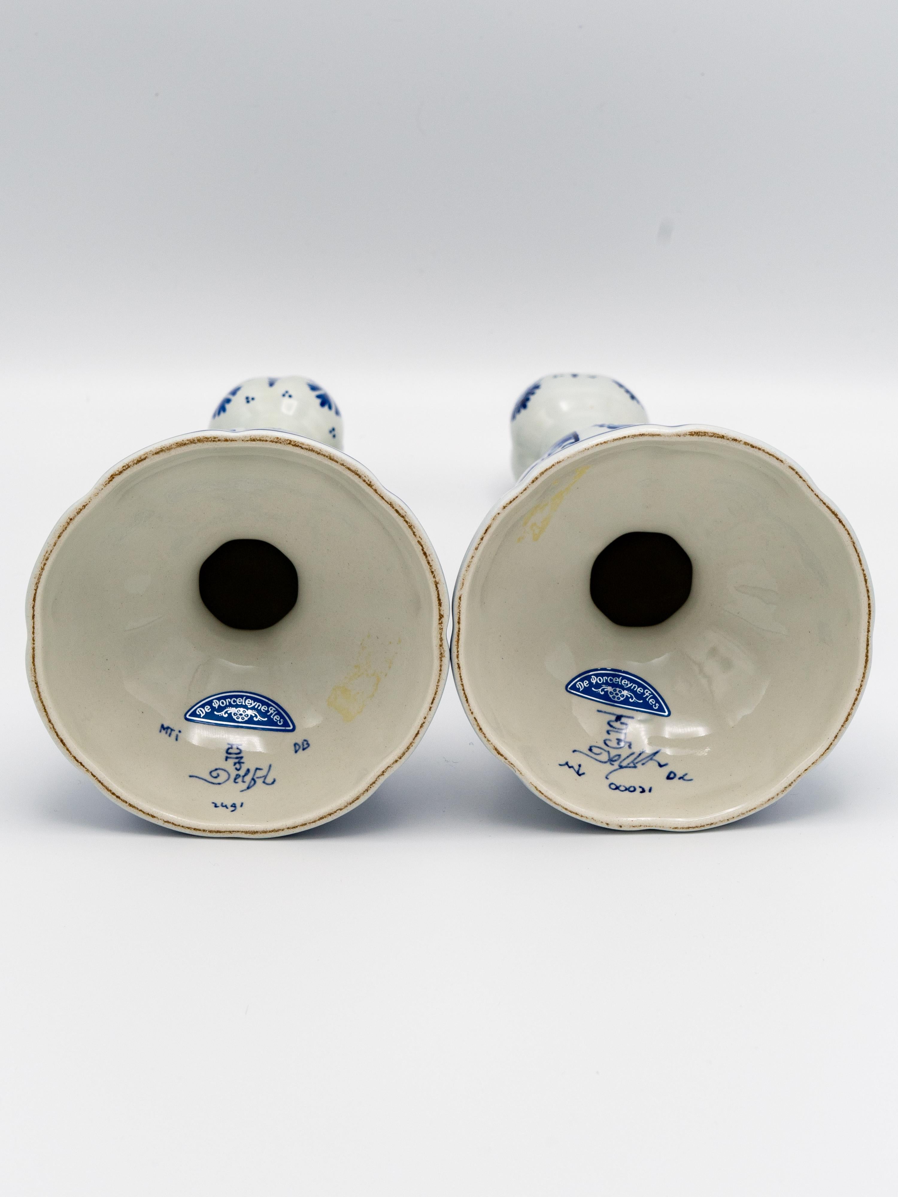 Royal Delft Blue Tulip-Shaped Candlesticks, Hand-Painted, 1982 & 1992, Pair In Good Condition In AMSTERDAM, NL