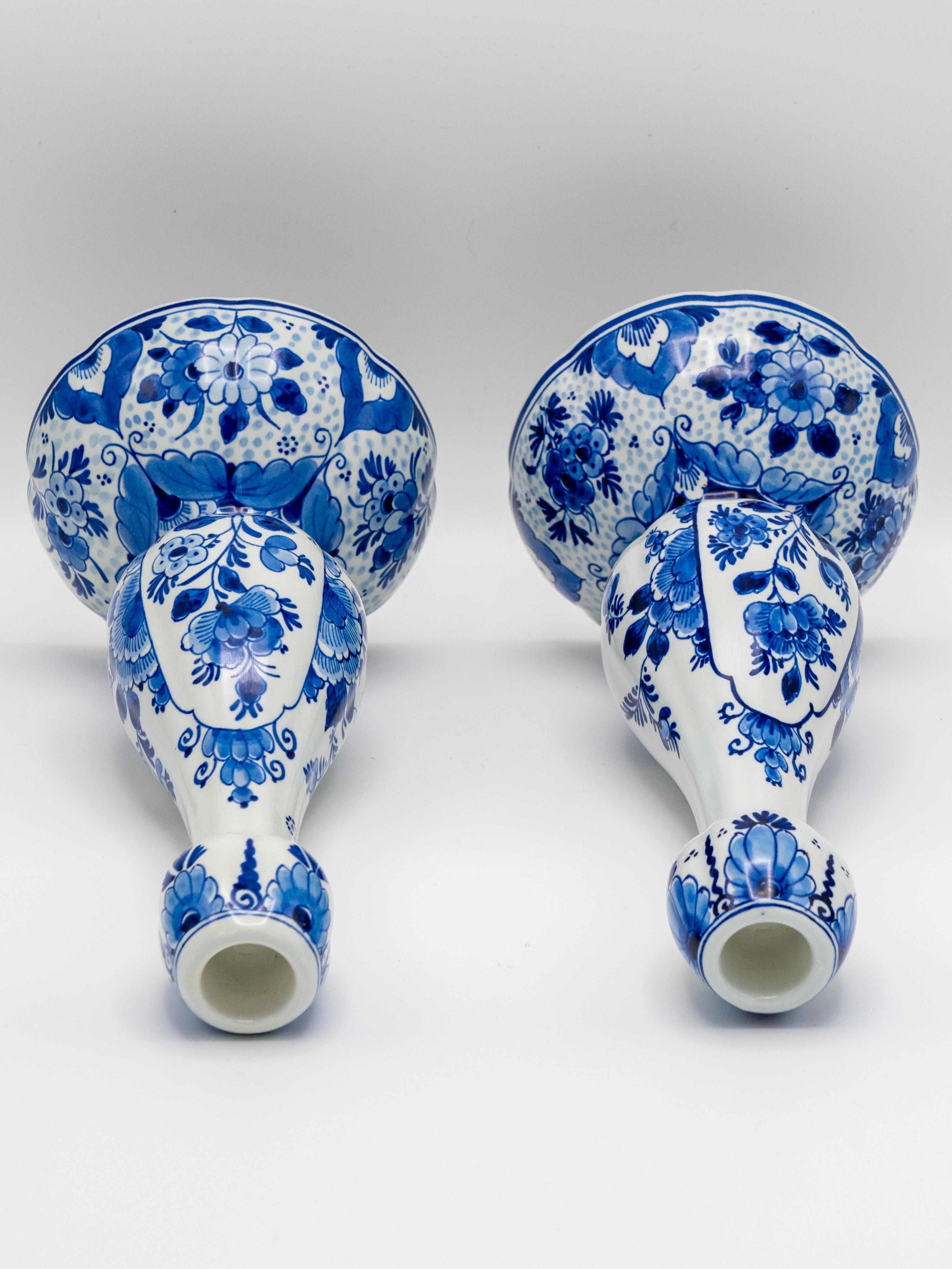 Late 20th Century Royal Delft Blue Tulip-Shaped Candlesticks, Hand-Painted, 1982 & 1992, Pair