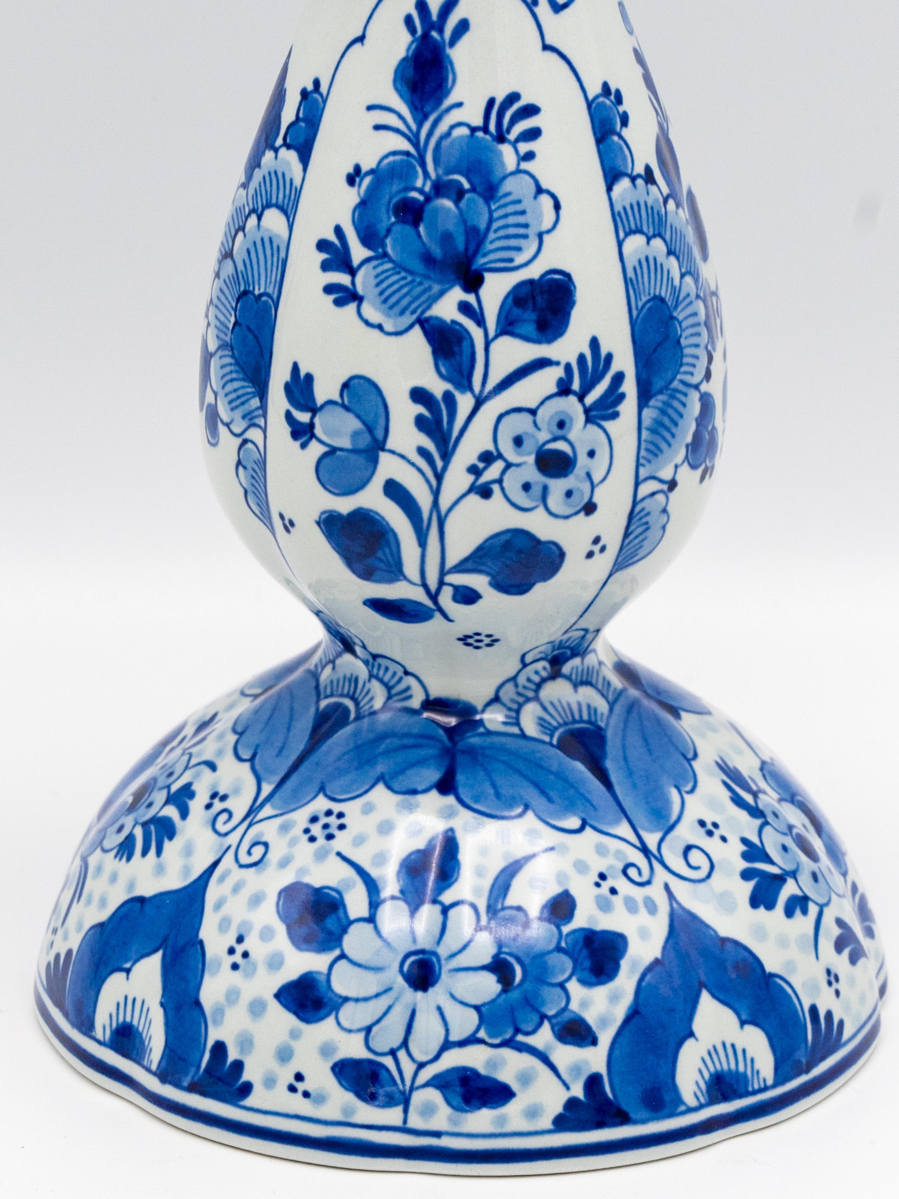Ceramic Royal Delft Blue Tulip-Shaped Candlesticks, Hand-Painted, 1982 & 1992, Pair
