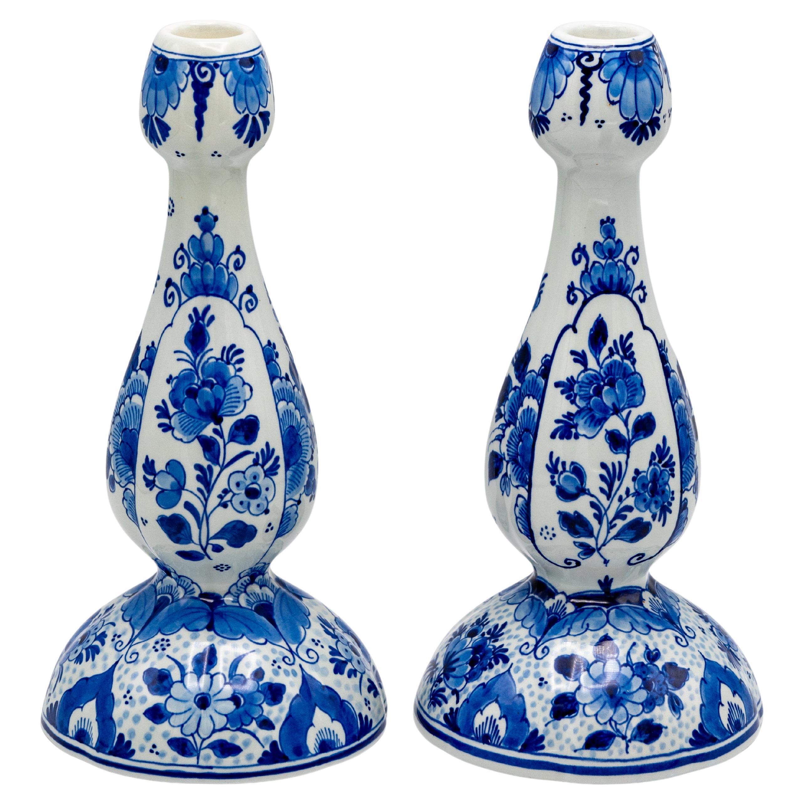 Royal Delft Blue Tulip-Shaped Candlesticks, Hand-Painted, 1982 & 1992, Pair