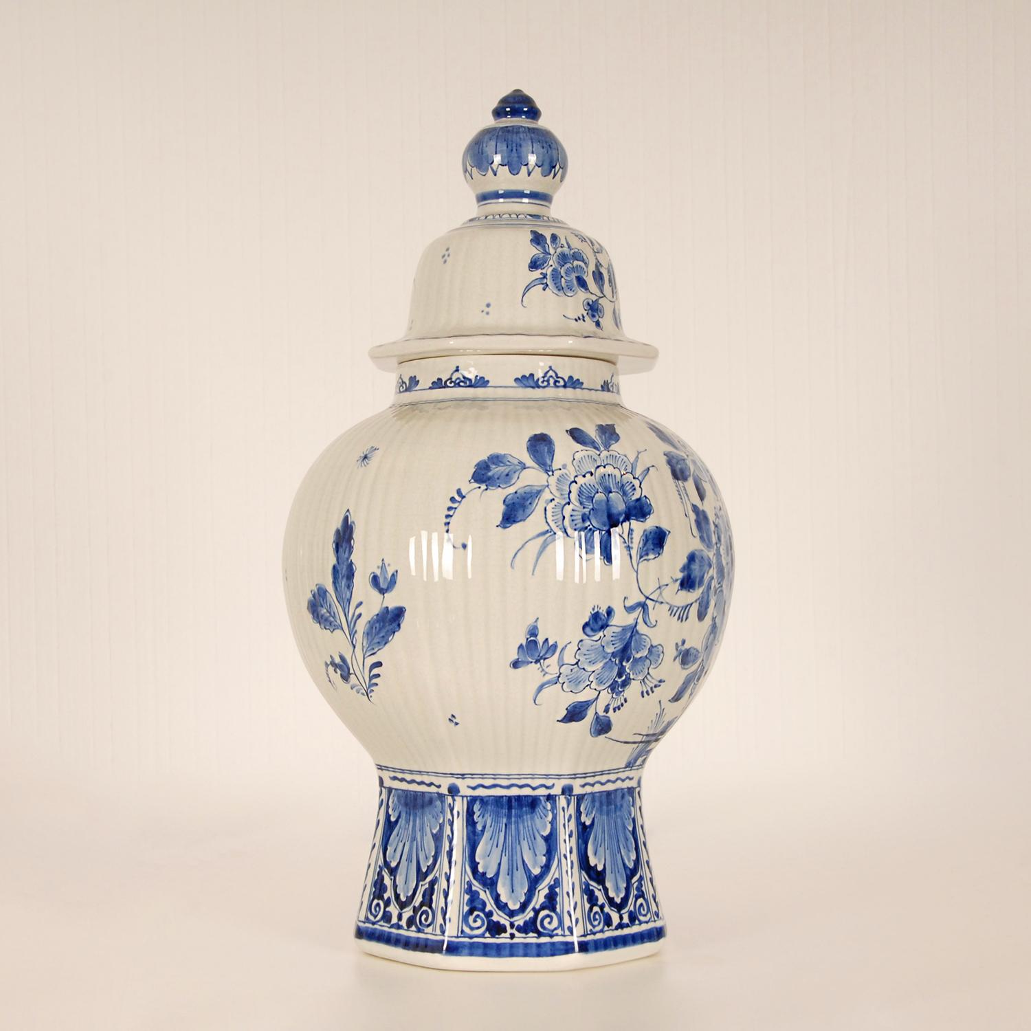 20th Century Royal Delft Covered Baluster Vase Earthenware Blue & White Vase Urn