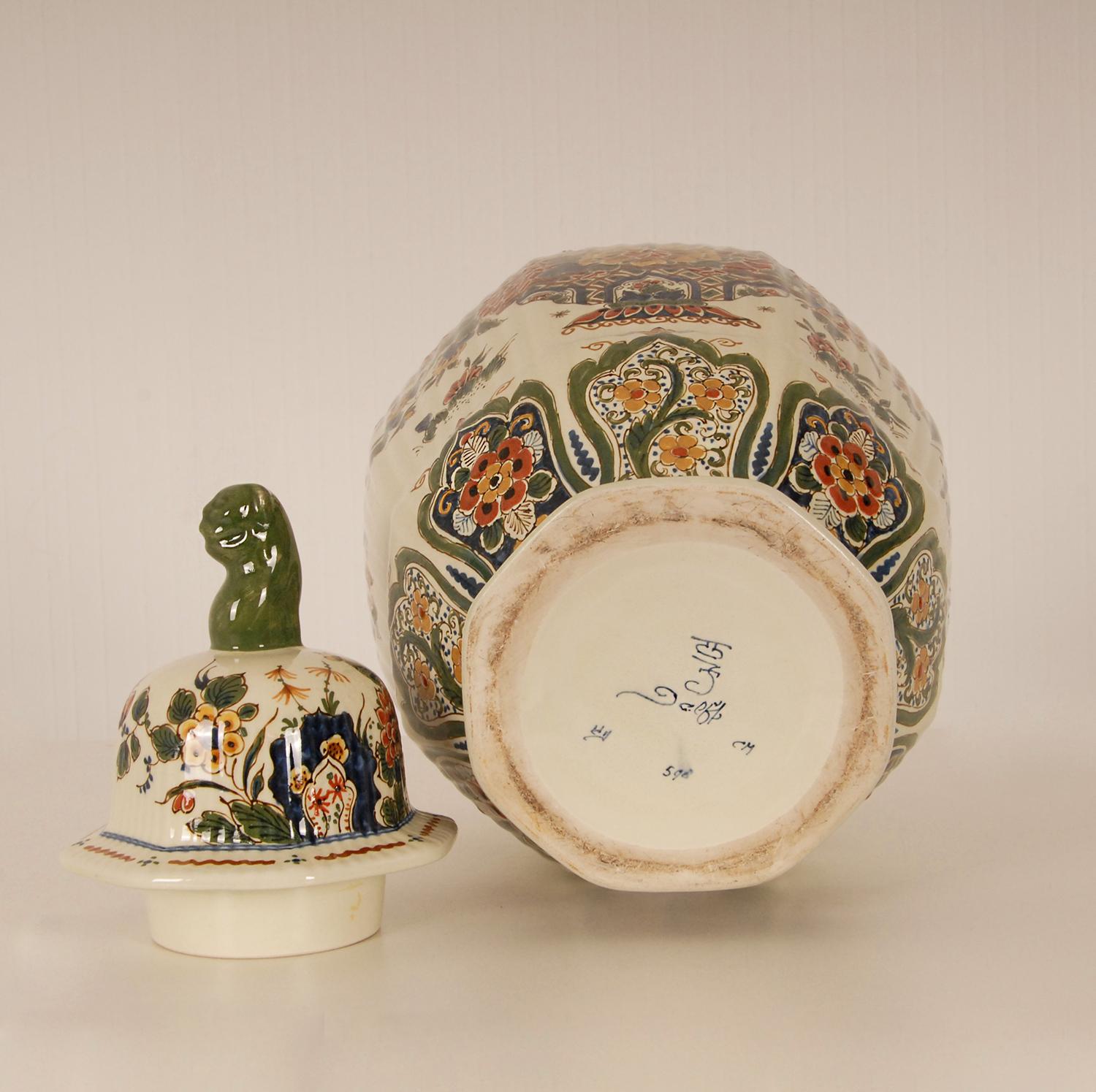 Baroque Revival Royal Delft Covered Baluster Vase Earthenware Polychrome Delftware Vase Urn