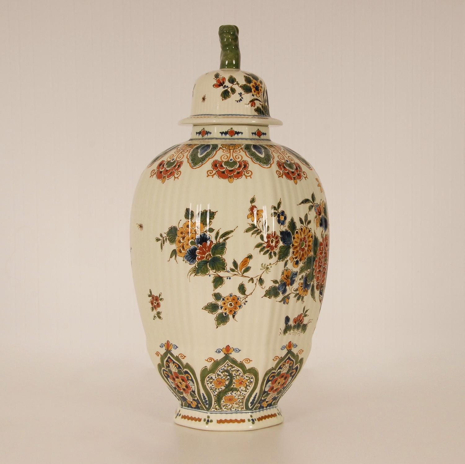 20th Century Royal Delft Covered Baluster Vase Earthenware Polychrome Delftware Vase Urn