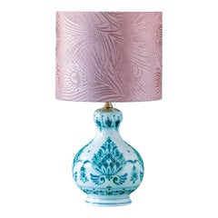Royal Delft Hand-Painted Ceramic Table Lamp, Liberty London Peacock Shade, 1968