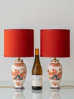 Royal Delft Imari Table Lamps, Pijnacker Pair, New Vermilion Red Silk Lampshades