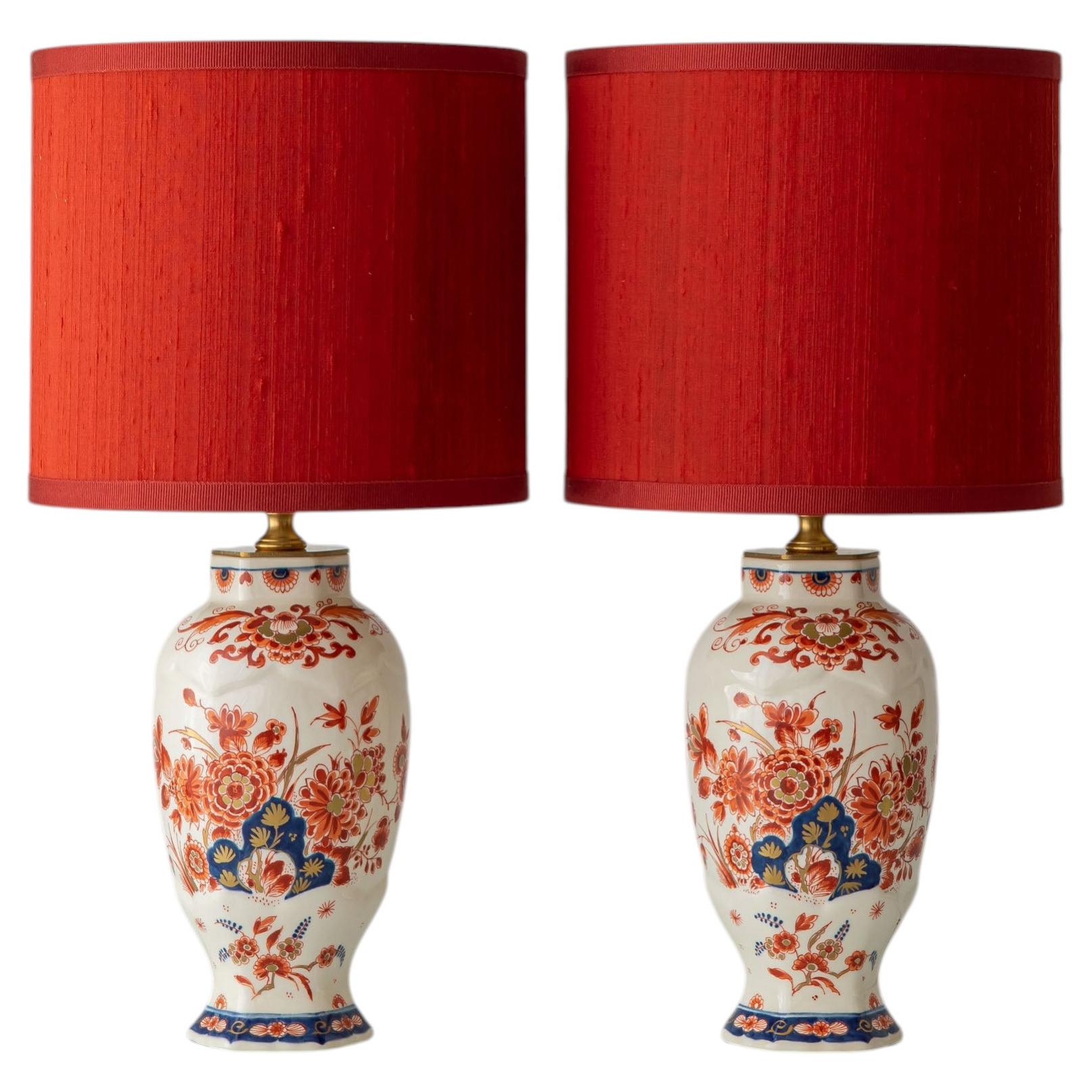 Royal Delft Imari Pijnacker Ceramic Table Lamp Pair, Hand-Painted, Silk Shades