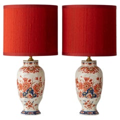 Royal Delft Imari Table Lamps, Pijnacker Pair, New Vermilion Red Silk Lampshades