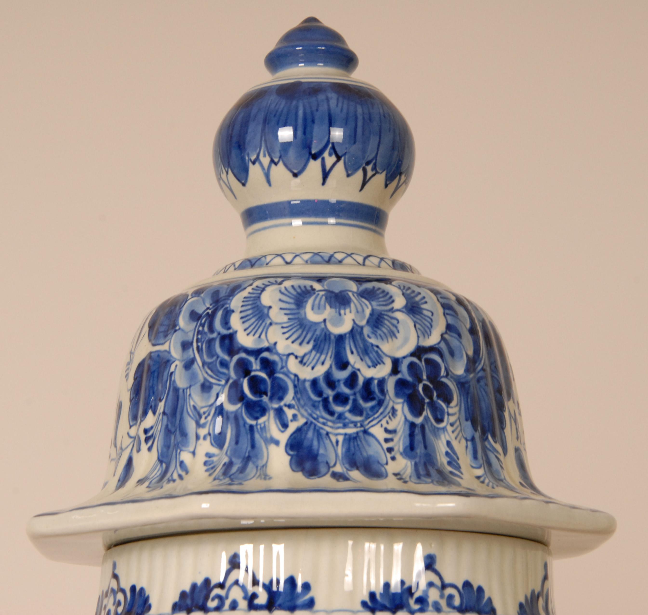 Royal Delft Vases Chinoiserie Blue White Covered Jars Baluster Vases Earthenware For Sale 6