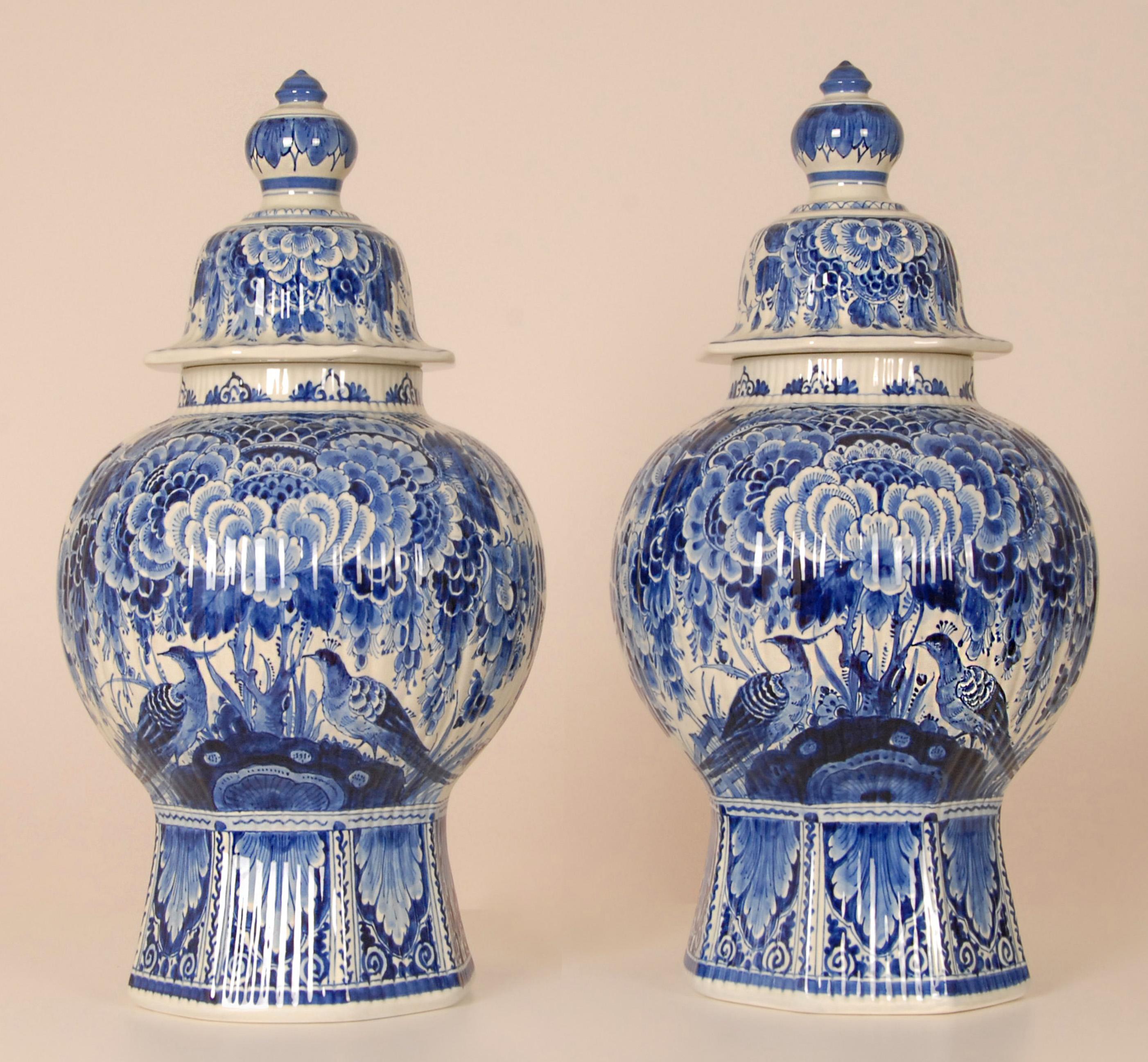 Royal Delft Vases Chinoiserie Blue White Covered Jars Baluster Vases Earthenware For Sale 9