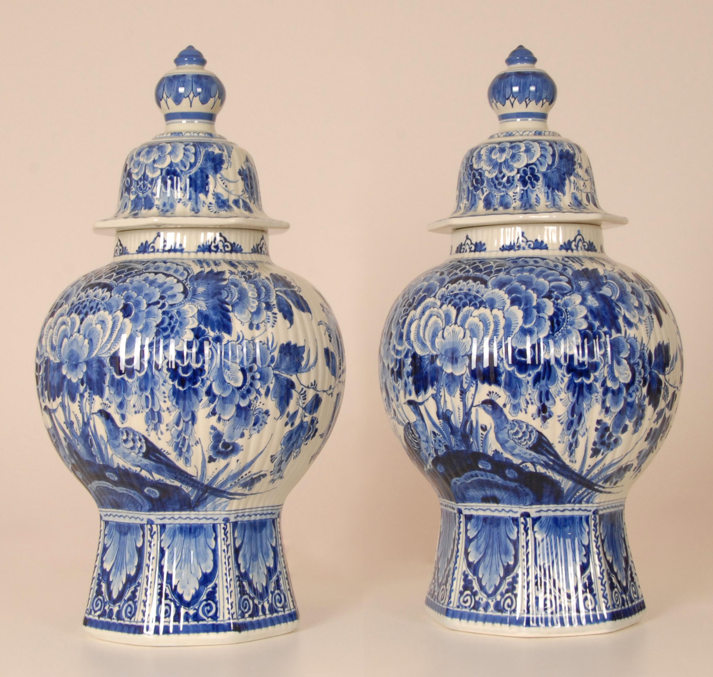Baroque Royal Delft Vases Chinoiserie Blue White Covered Jars Baluster Vases Earthenware For Sale
