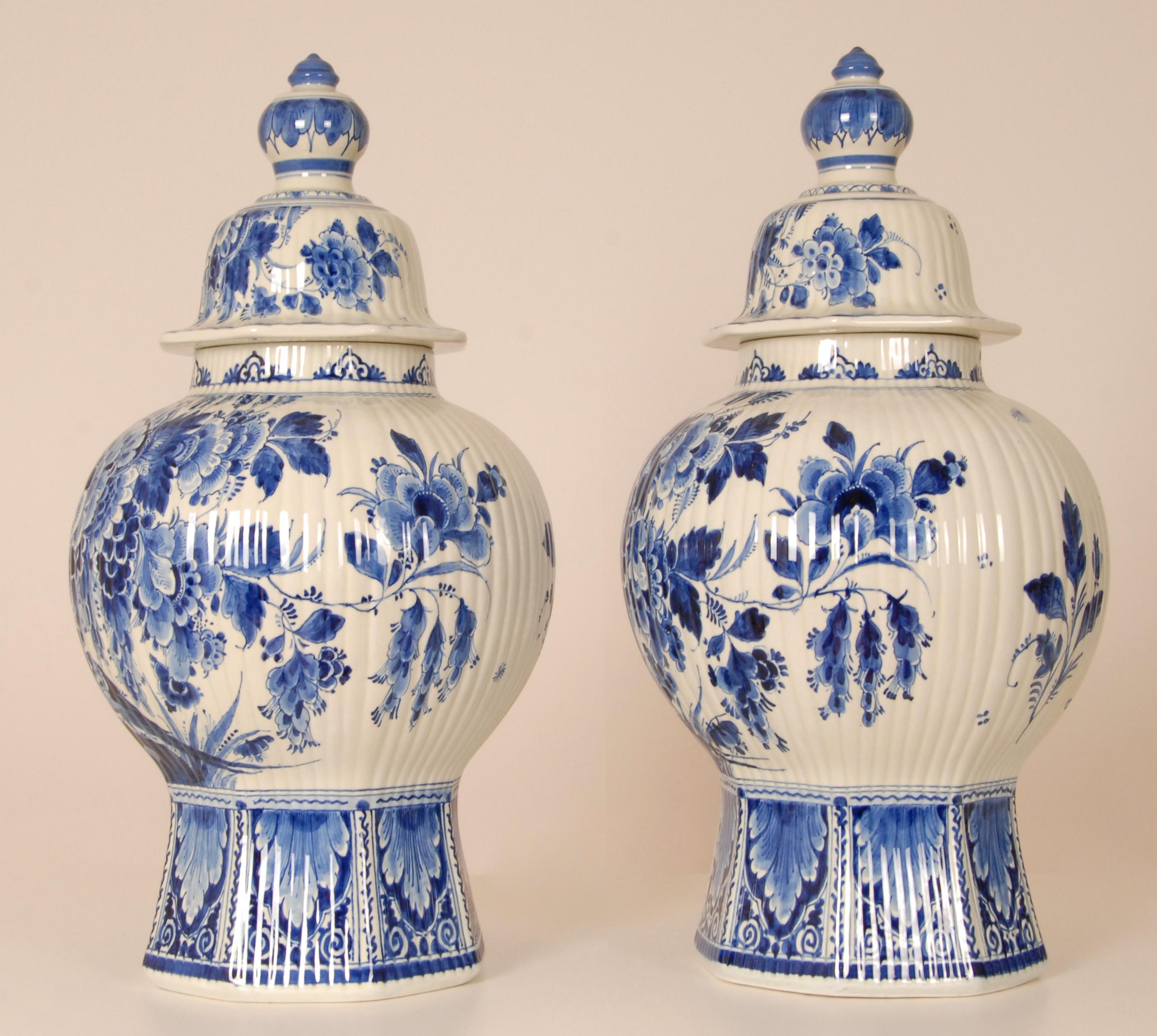Dutch Royal Delft Vases Chinoiserie Blue White Covered Jars Baluster Vases Earthenware For Sale