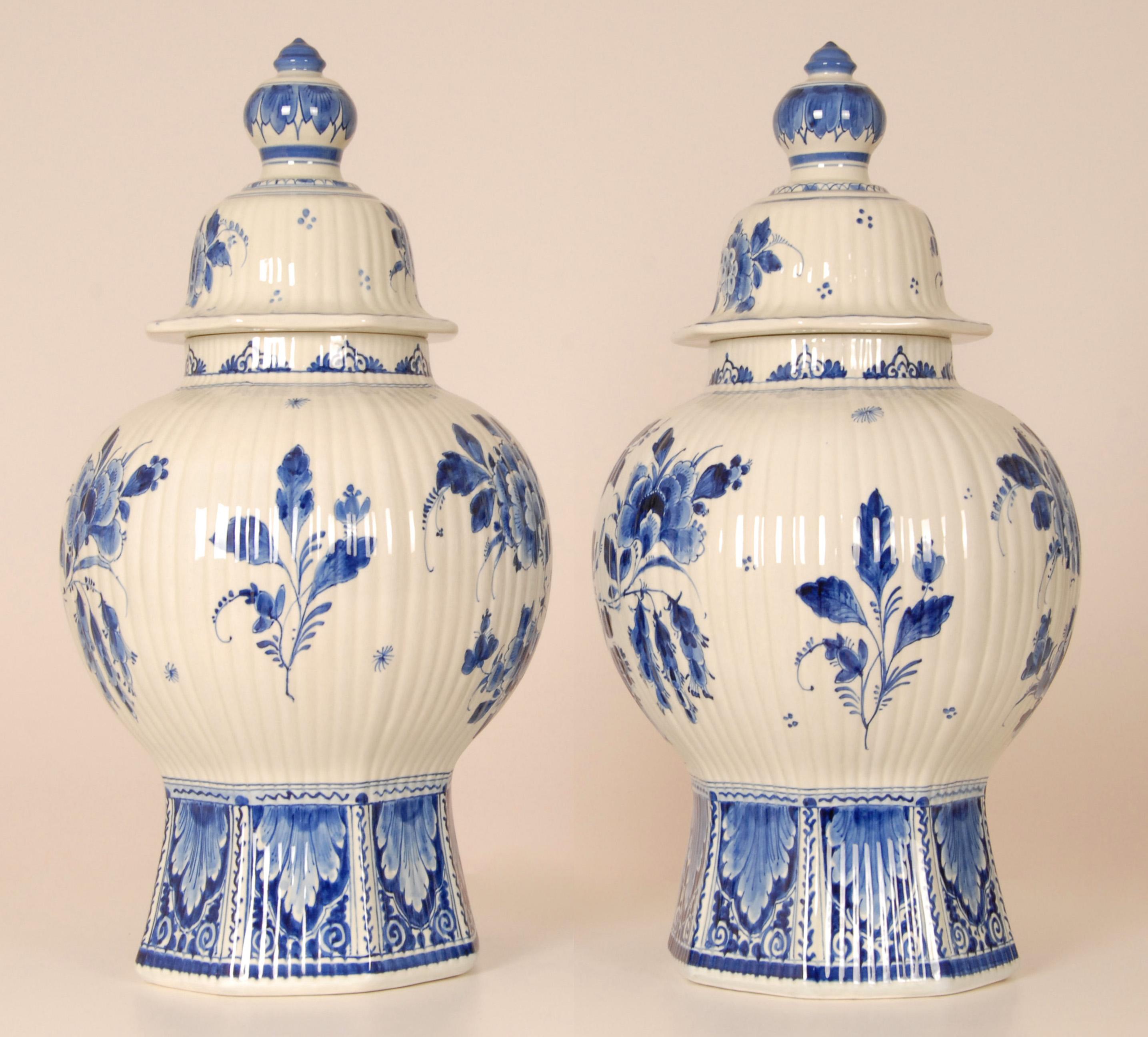 Hand-Crafted Royal Delft Vases Chinoiserie Blue White Covered Jars Baluster Vases Earthenware For Sale