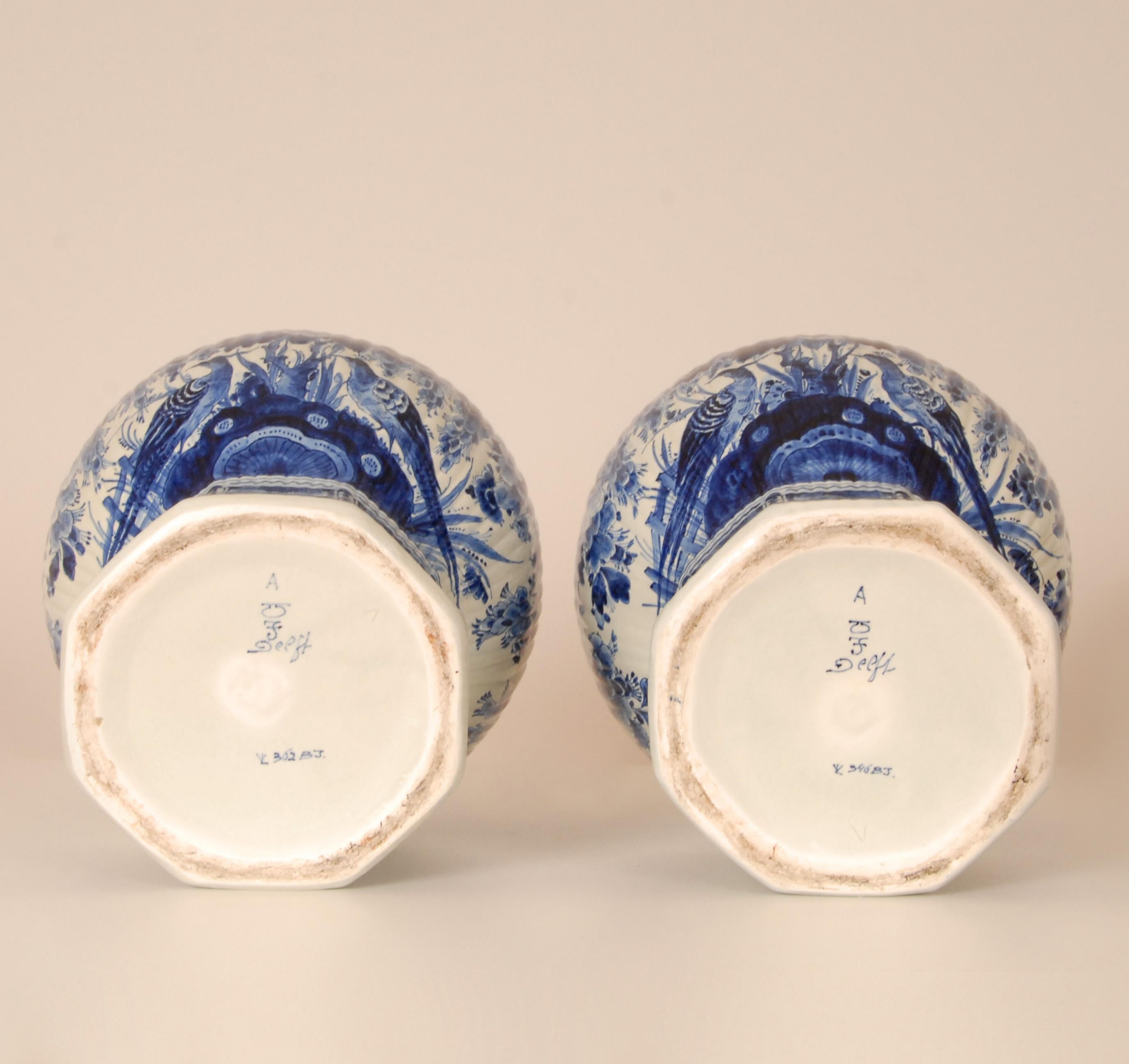 20th Century Royal Delft Vases Chinoiserie Blue White Covered Jars Baluster Vases Earthenware For Sale