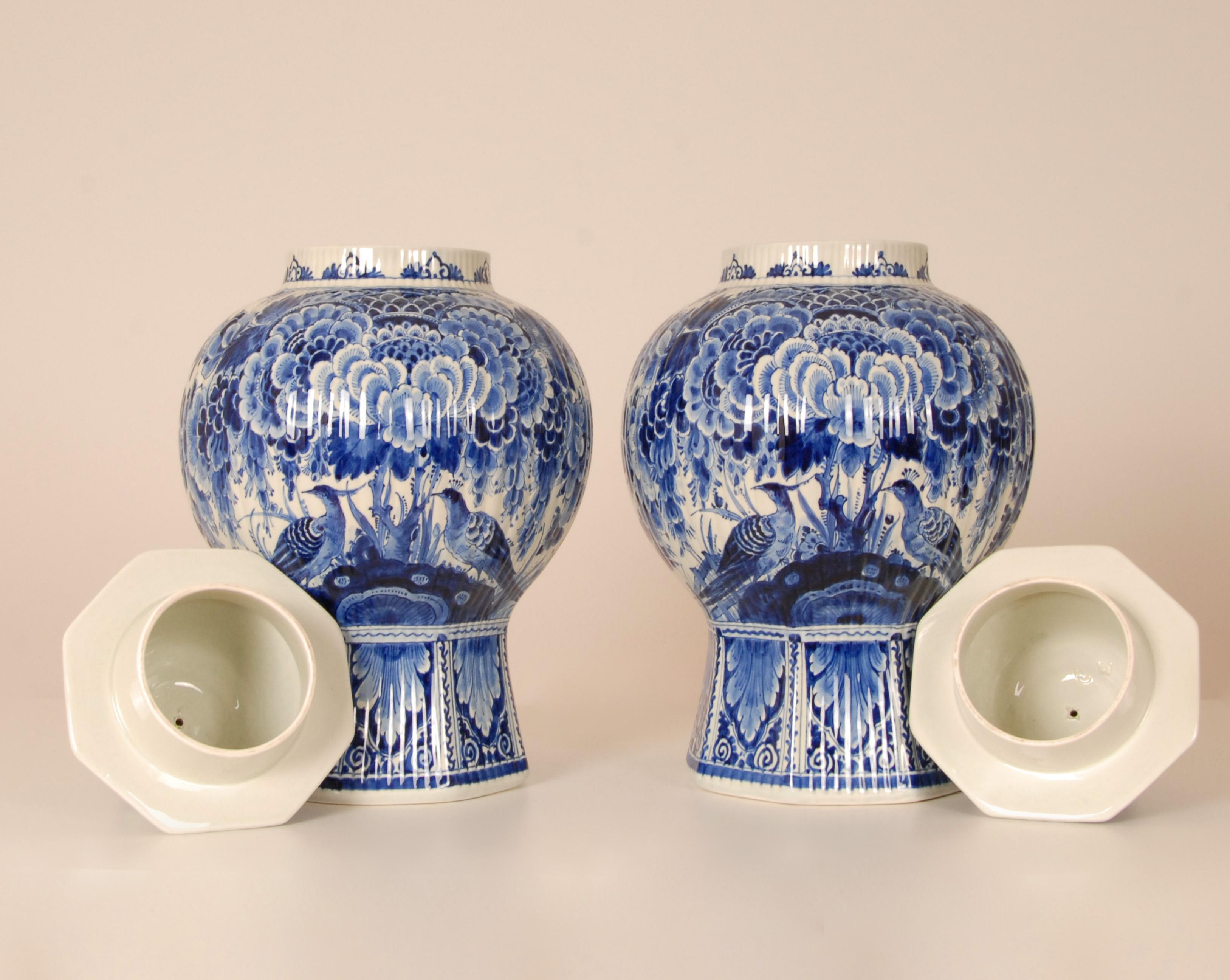 Royal Delft Vases Chinoiserie Blue White Covered Jars Baluster Vases Earthenware For Sale 1