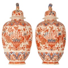 Royal Delft Vases Covered Earthenware Urns Foo Dog Finial Handpainted a pair