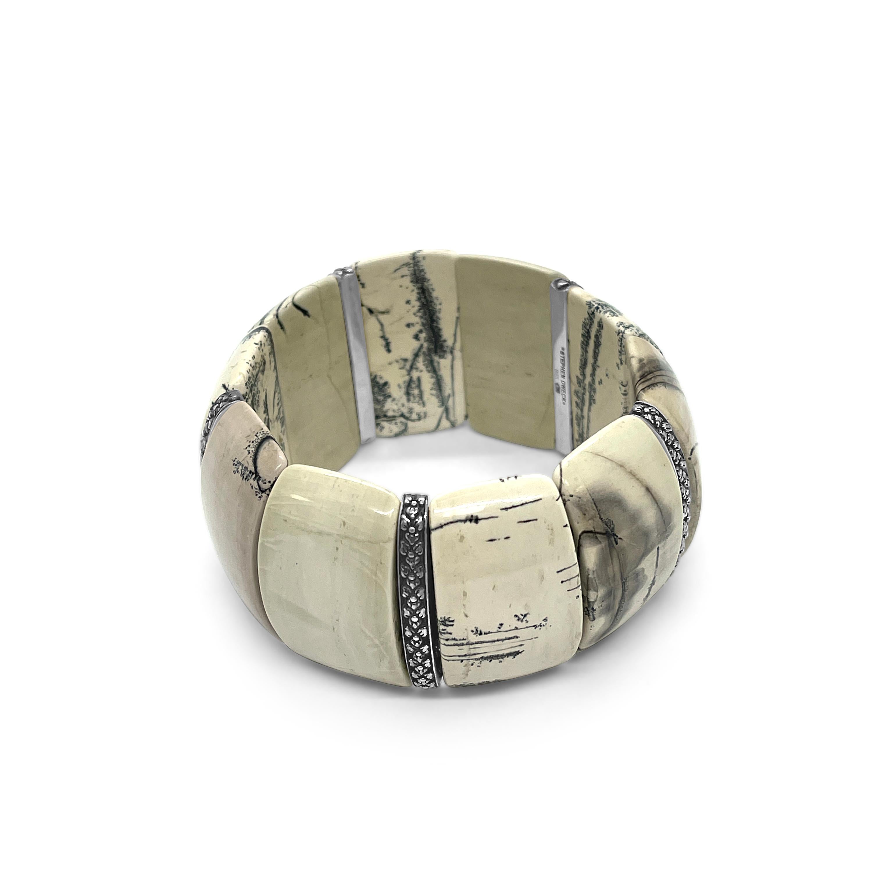 Royal Dendritic Jasper Stretch Bracelet with Engraved Sterling Silver Spacers In New Condition In Lyndhurst, NJ