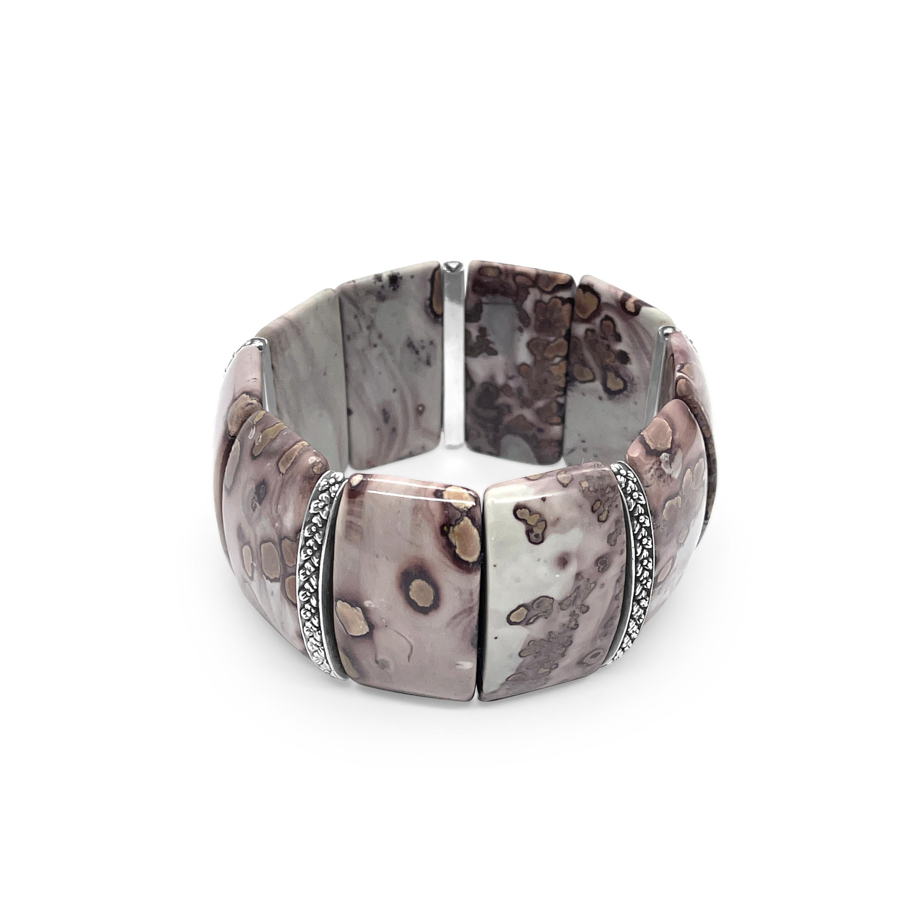 Women's Royal Dendritic Jasper Stretch Bracelet with Engraved Sterling Silver Spacers