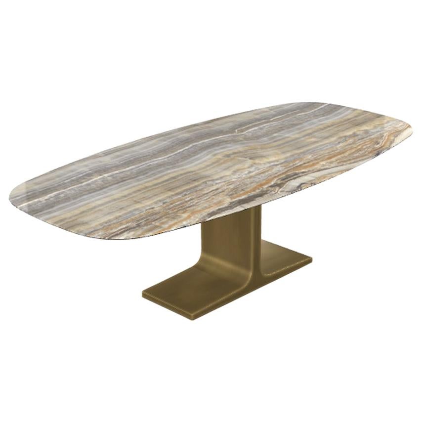 Royal, Dining Table Grey Onyx Ceramic Top on Brass Base, Made in Italy