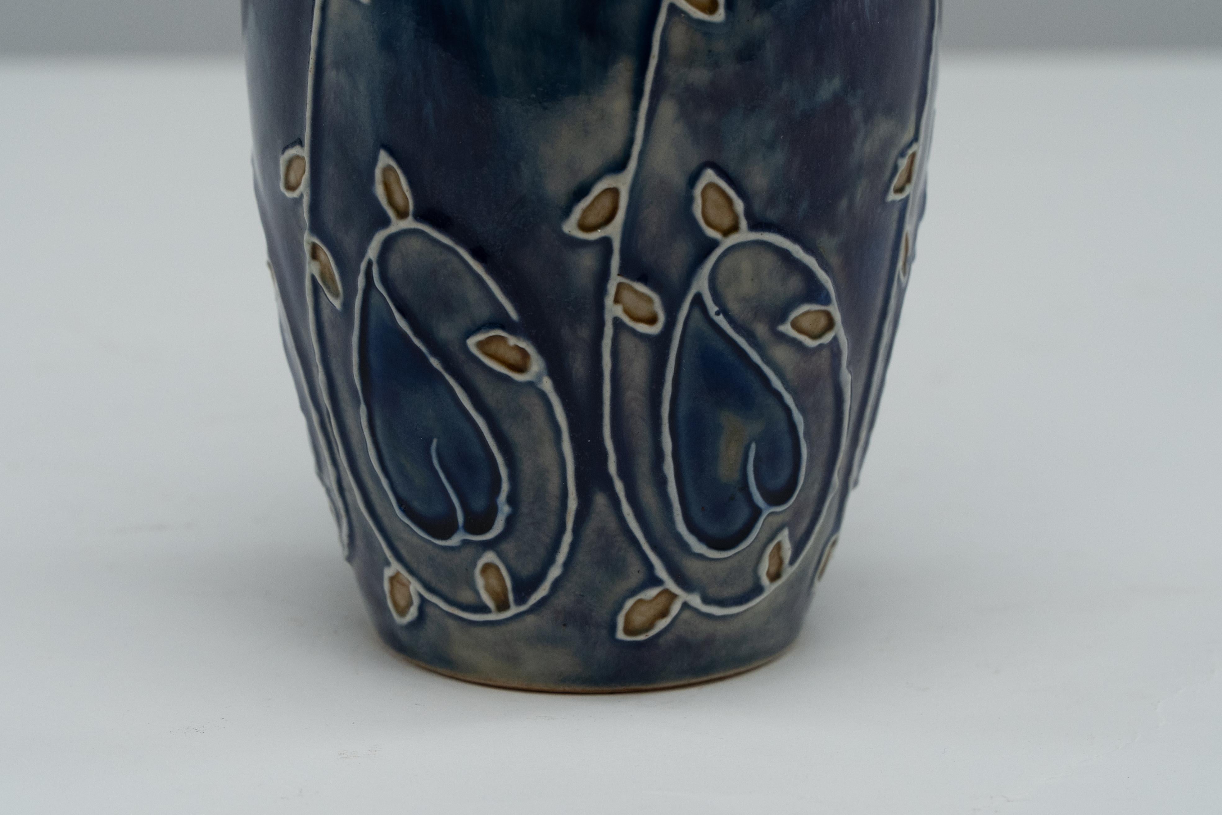 Royal Daulton signed MB for Mary Butter. Arts & Crafts flowing floral blue vase. For Sale 3