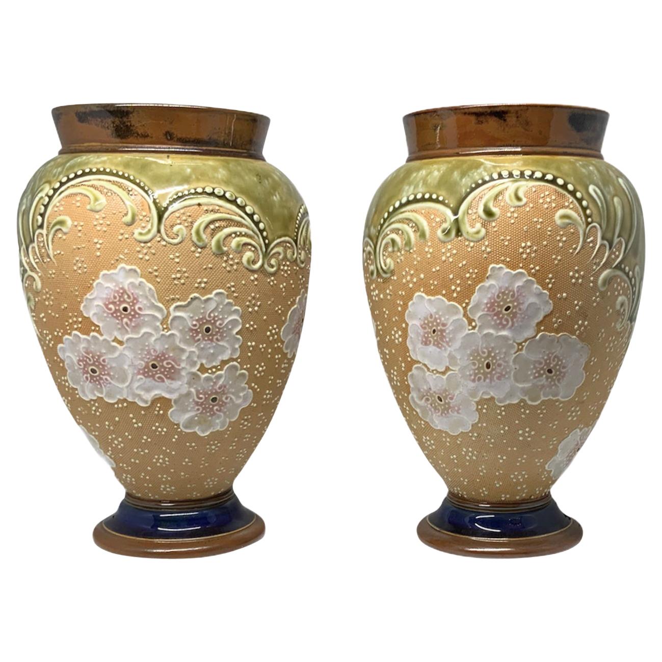 Royal Doulton and Slater Hand Painted Pair of Stoneware Vases For Sale