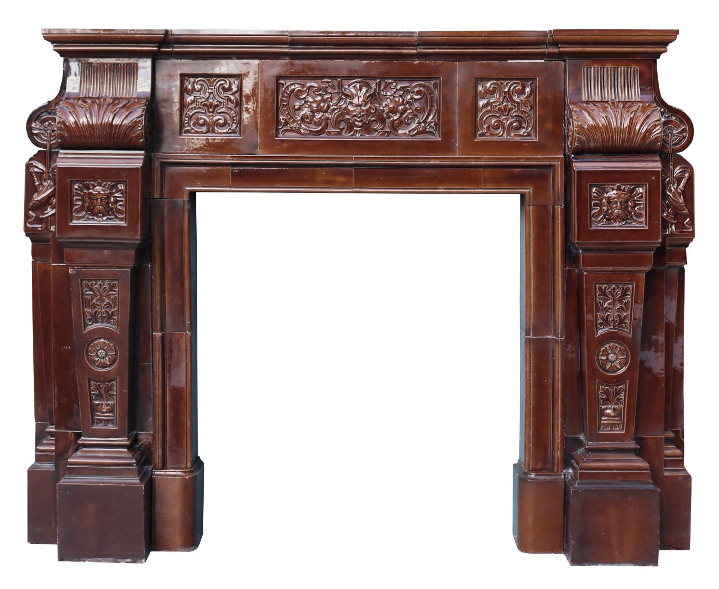 A very rare large scale brown glazed ceramic fire surround by Royal Doulton.

Additional dimensions:

Opening height 96.5 cm

Opening width 90 cm

Width between outsides of the foot blocks 182 cm.