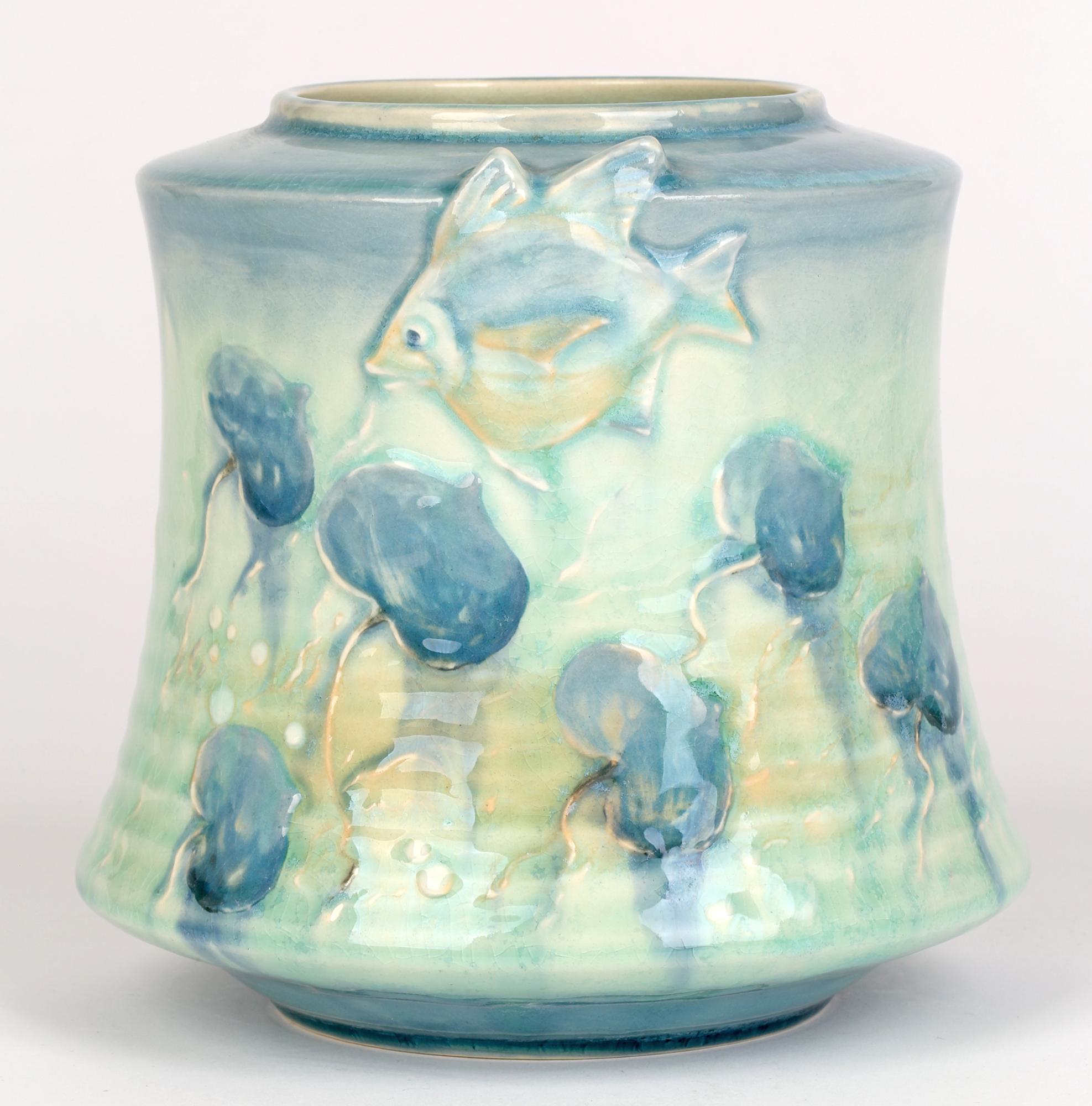 Glazed Royal Doulton Art Nouveau Tube Lined Vase with an Angel Fish