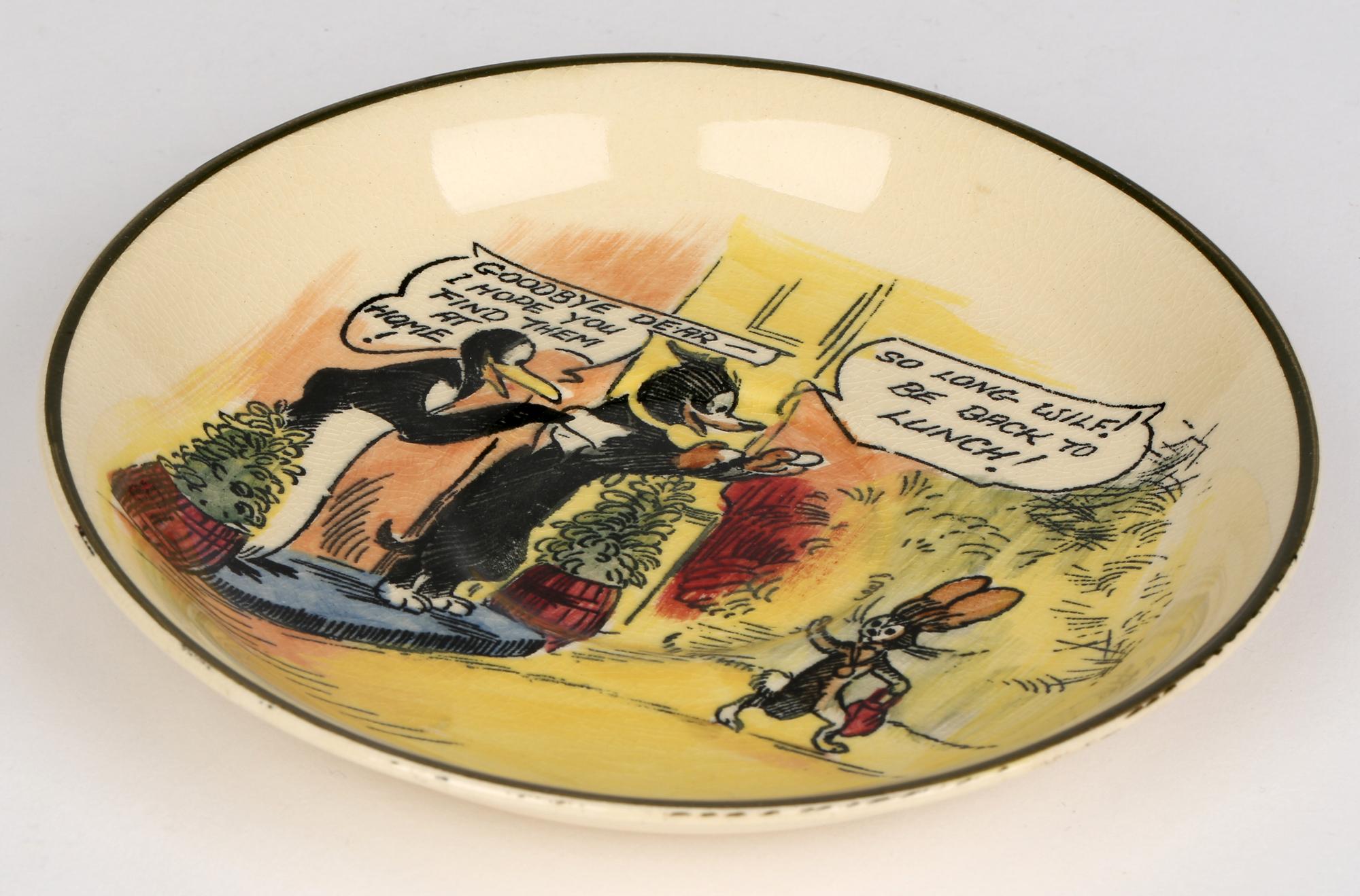 A rare Art Deco Royal Doulton Burslem ‘Pip, Squeak & Wilfred’ comic strip pottery plate by Welsh born artist Austin Bowen Payne (Welsh, 1876-1959) and dating between 1927 and 1935. The large empire shape saucer has printed and hand colored central