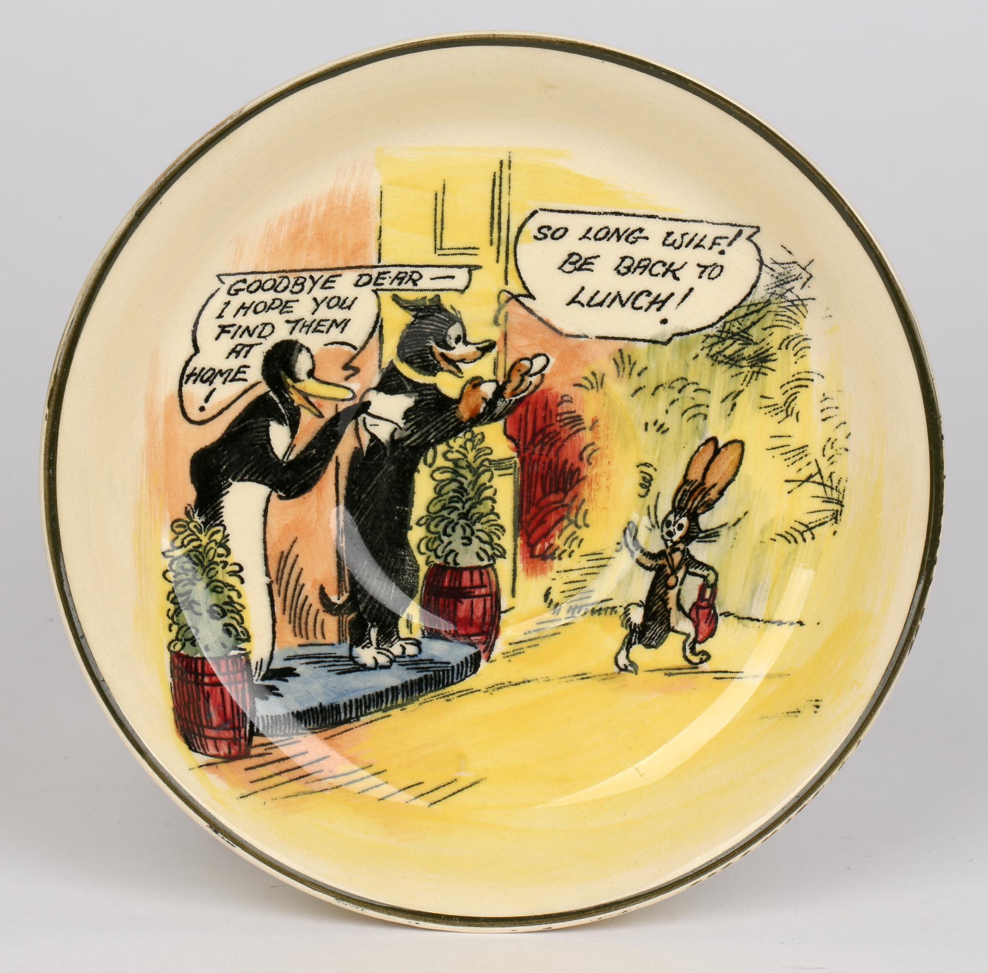 Glazed Royal Doulton Burslem Art Deco Pip, Squeak & Wilfred Daily Mirror Pottery Saucer For Sale