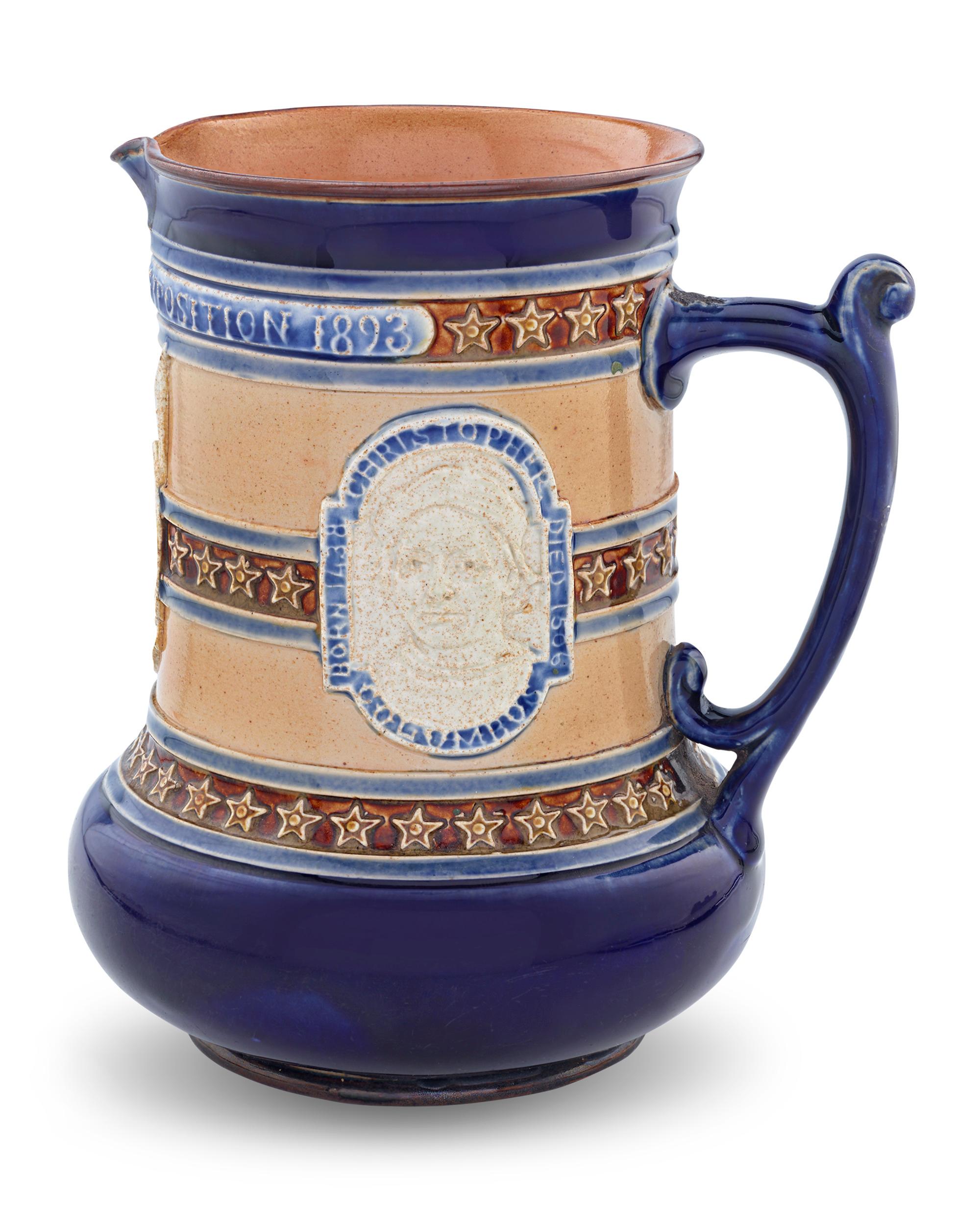 This stoneware jug by Royal Doulton's Lambeth Studio was crafted to commemorate the World’s Columbian Exposition of 1893. Designed by John Broad, it not only features busts of George Washington and Christopher Columbus, but also an American eagle