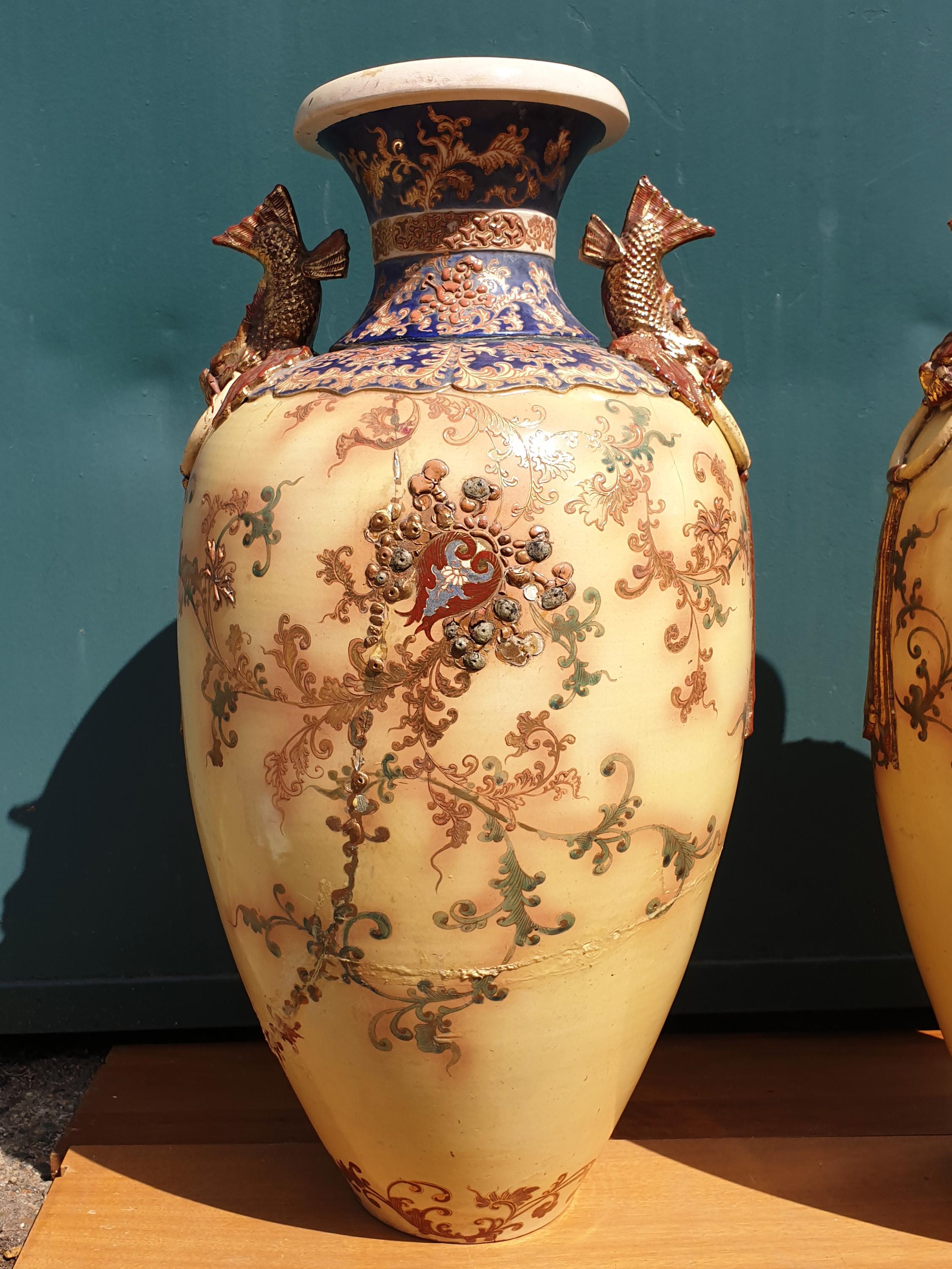 Royal Doulton circa 19th Century Jewelled Fish Handle Pair of Vases For Sale 2