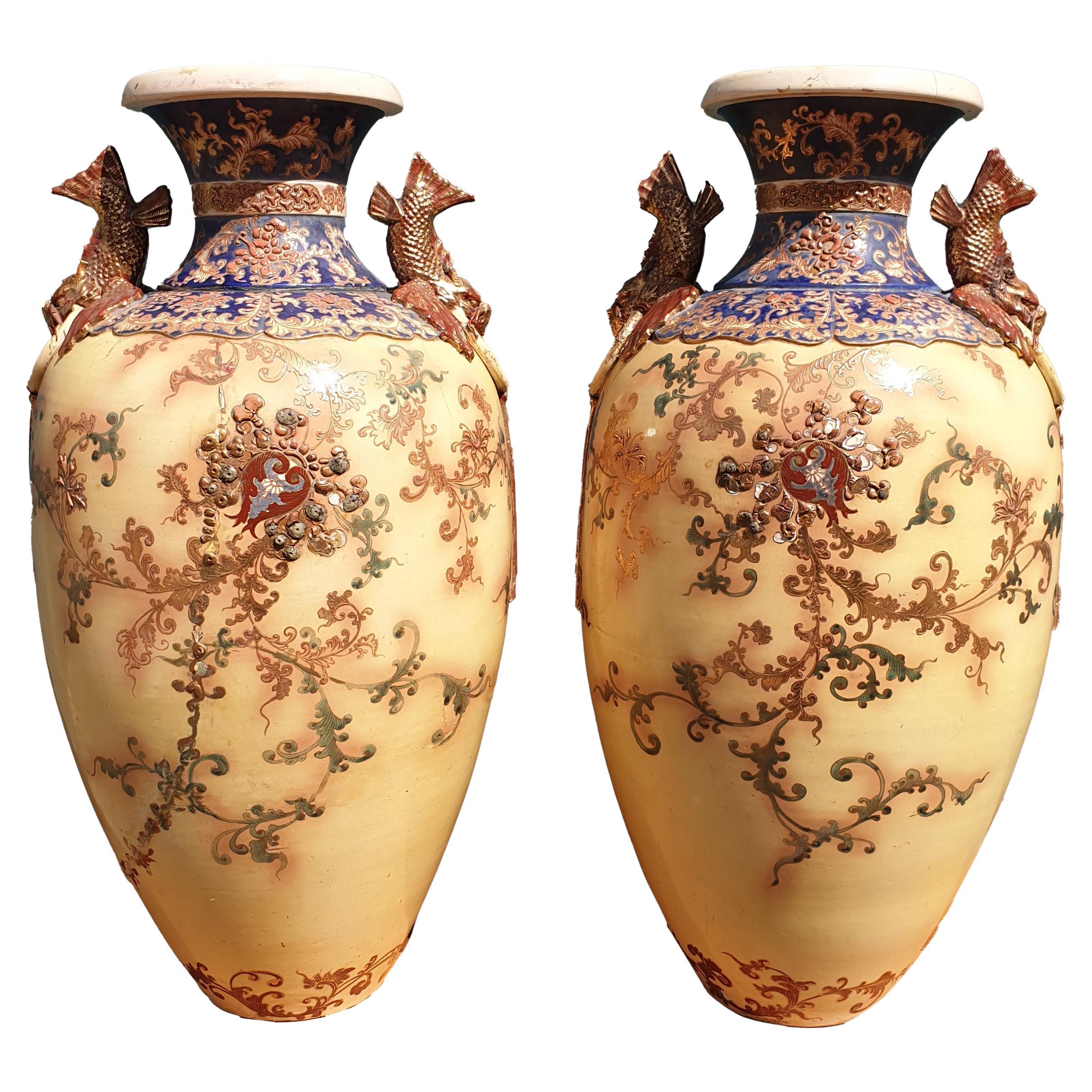 Royal Doulton circa 19th Century Jewelled Fish Handle Pair of Vases For Sale