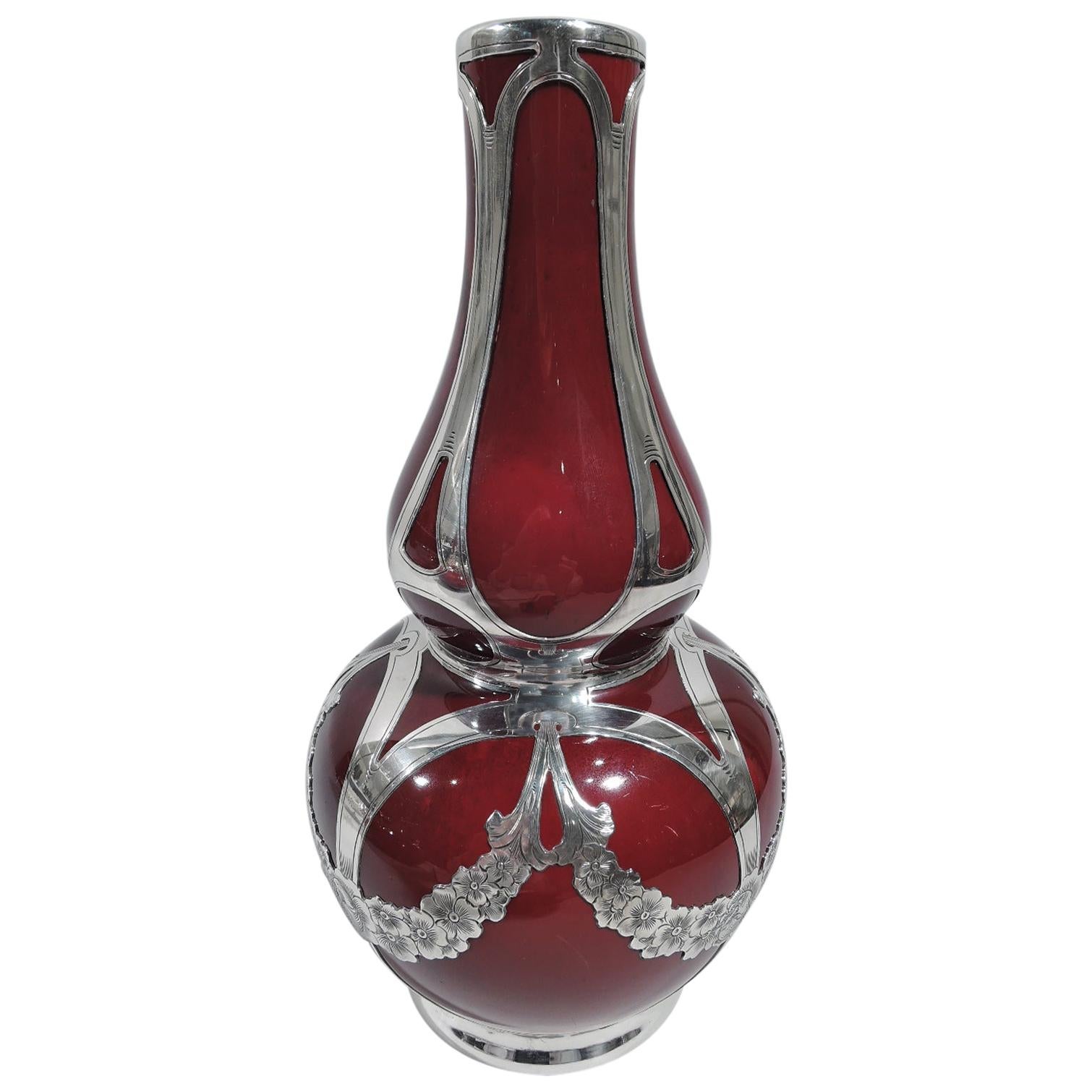 Royal Doulton Flambé Double Gourd Vase with Gorham Silver Overlay
