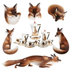 Royal Doulton Fox Coffee Service 10 Cups Printed & Hand Painted Bone China 1950s