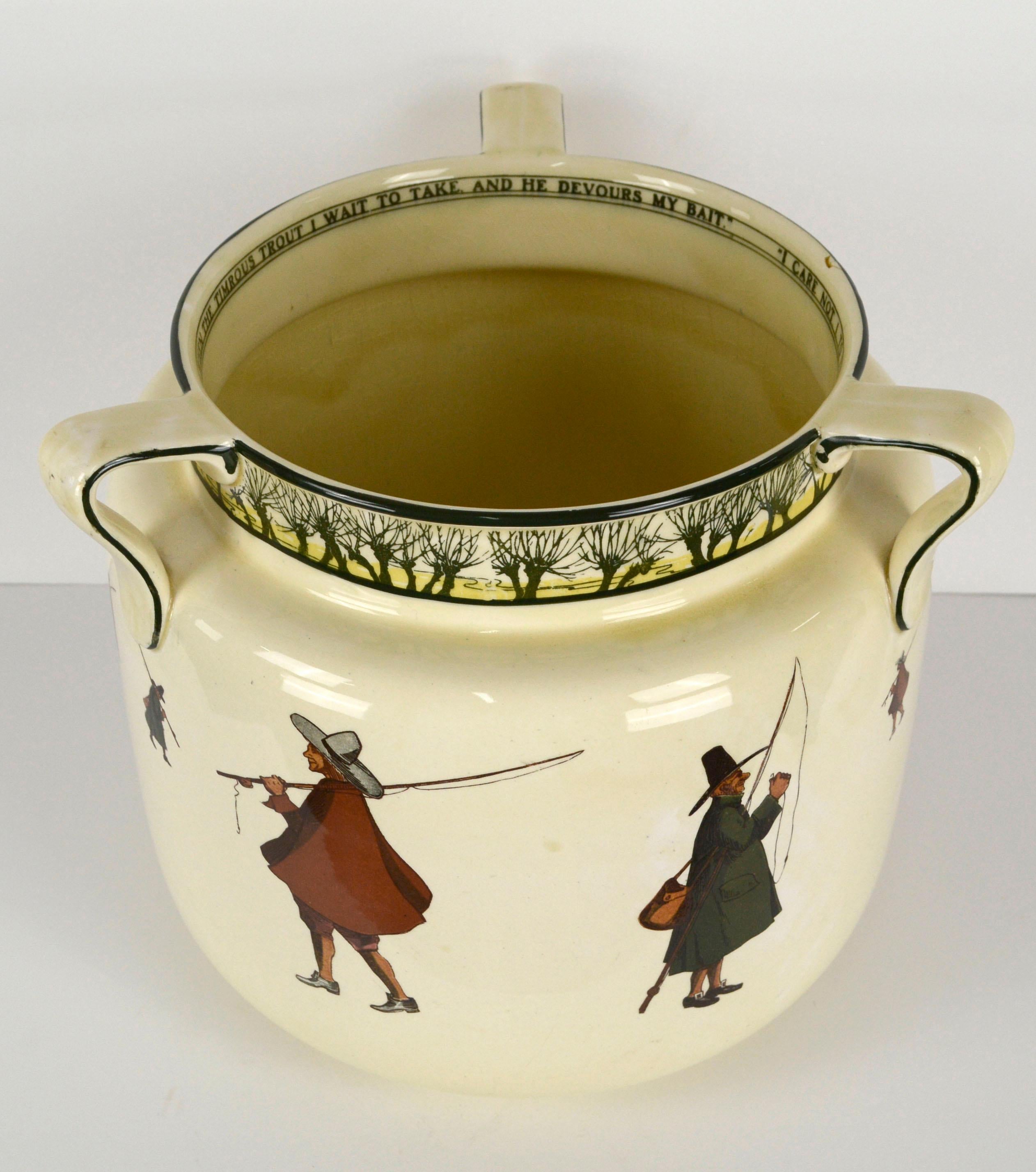Large late 19th century stoneware jardiniere, a Royal Doulton Isaac Walton Series Ware piece by Charles Noke (English, 1858-1683). This large jardiniere has three handles and is decorated with several detailed figures; characters based on the 17th
