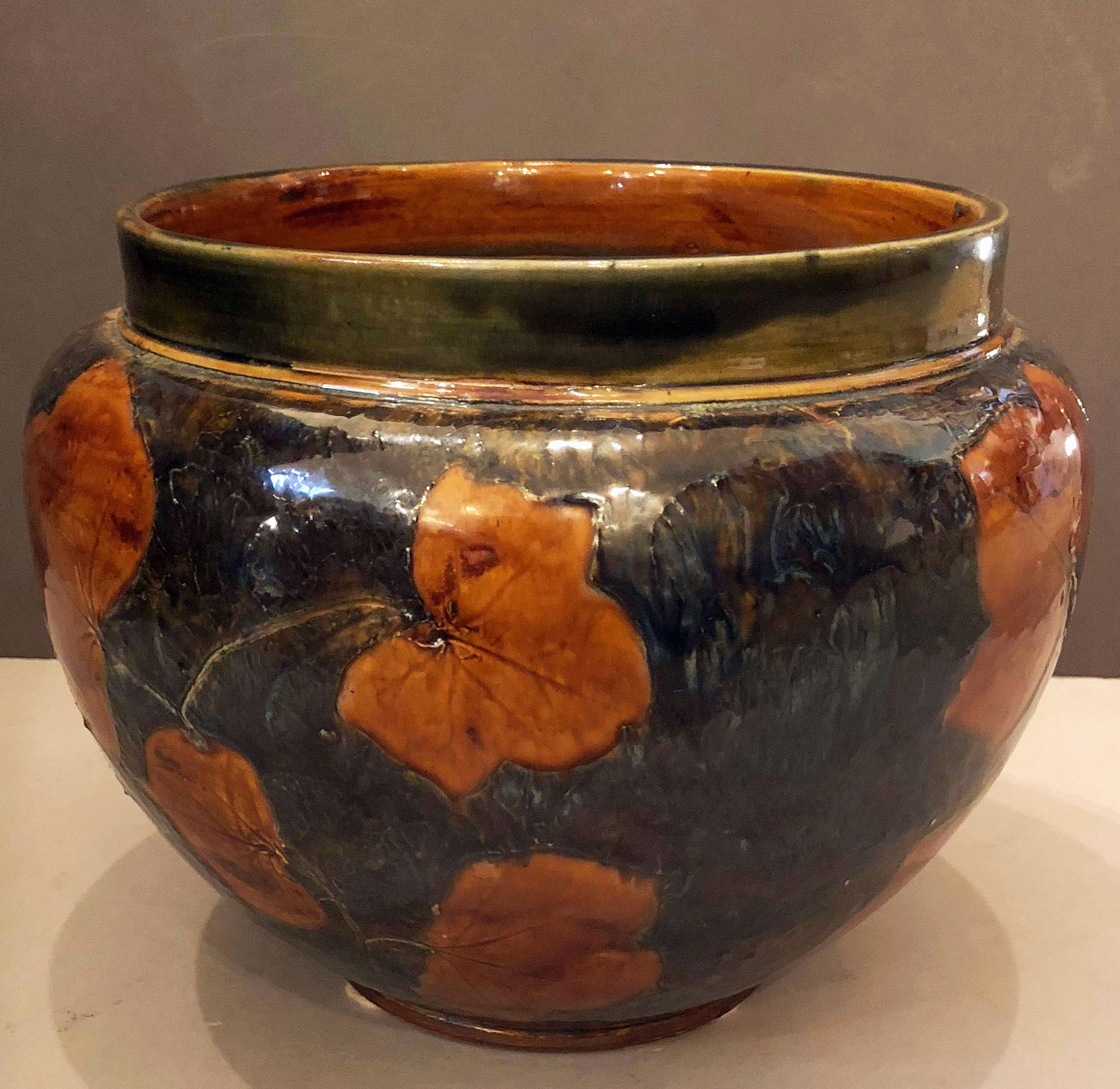 Glazed Royal Doulton Jardiniere or Garden Pot Planter with Autumn Leaves Design