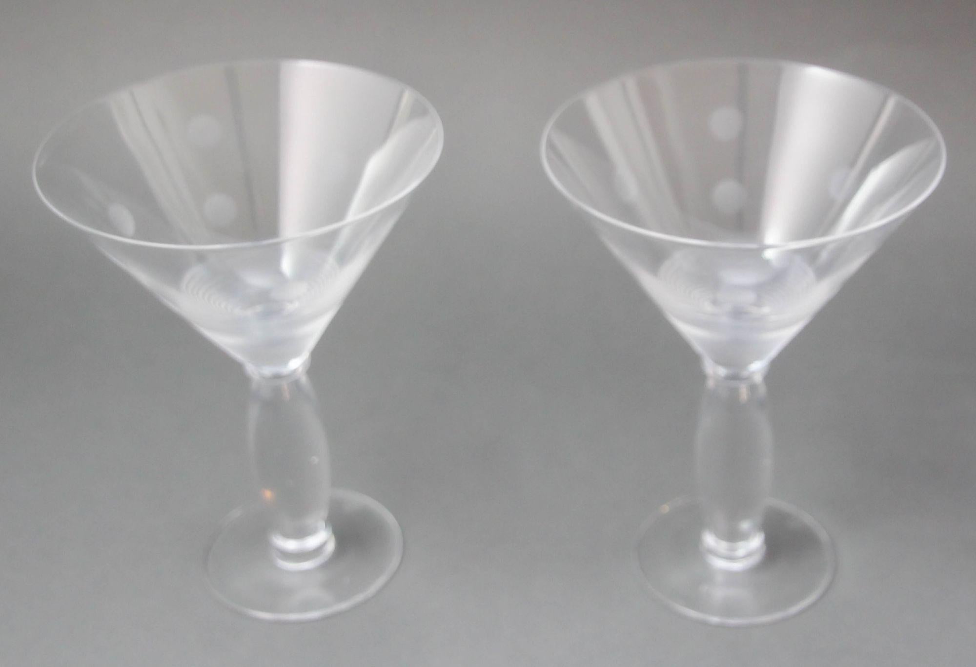 Vintage ROYAL DOULTON Martini Crystal clear Etched Glasses Set of 2.Royal Doulton precious crystal barware cocktail glasses with a unique handmade etched bubble polka dots pattern.Great addition to your home bar collection.Hallmark: They have the