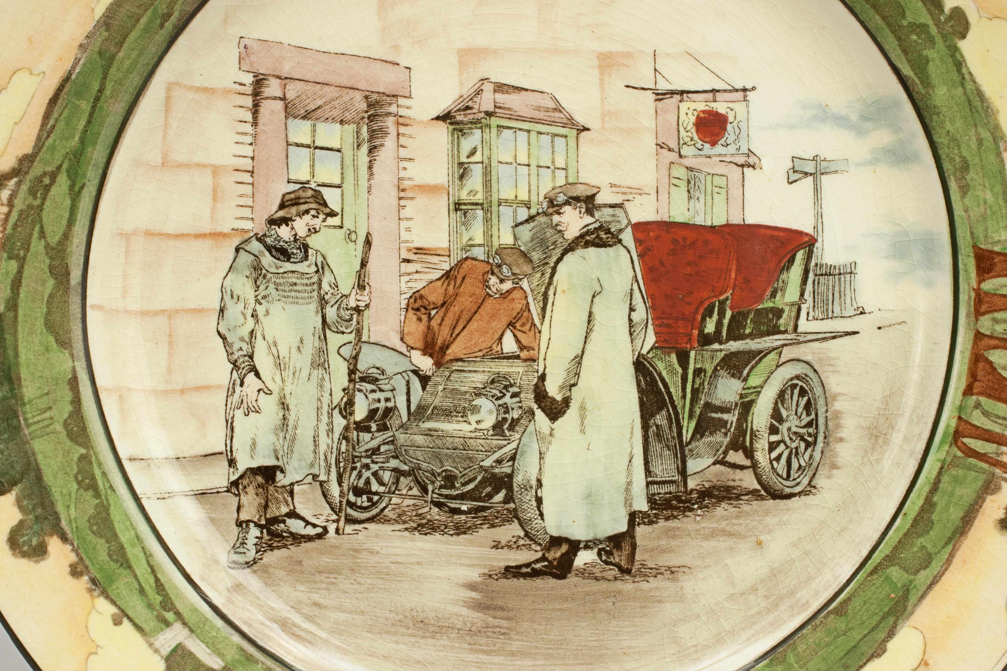 Rare Royal Doulton motoring plate.
An early Royal Doulton automobile plate depicting a yokel talking to two motorists outside the Chequers Inn. The plate has the printed Royal Doulton trademark, Royal Doulton with the lion and crown, and the