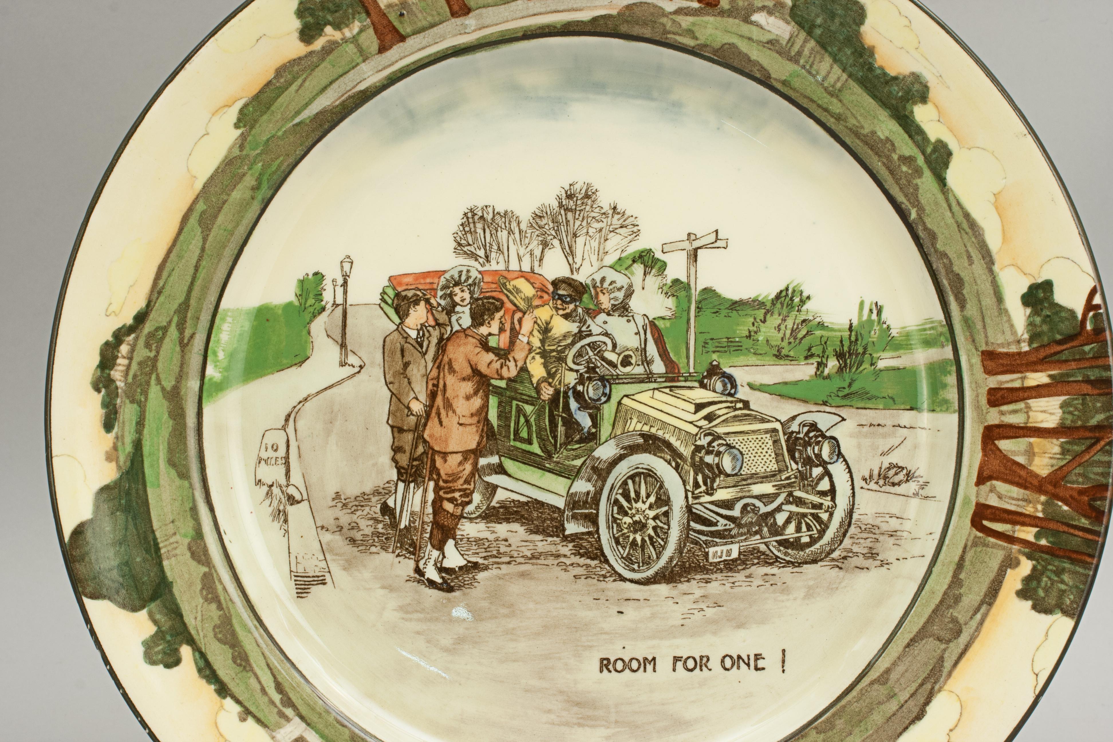 Rare Royal Doulton motoring plate.
An early Royal Doulton automobile plate entitled 'Room For One!'. The plate depicts two walkers flagging down a passing car with the caption 'Room For One!'. The plate has the printed Royal Doulton trademark,