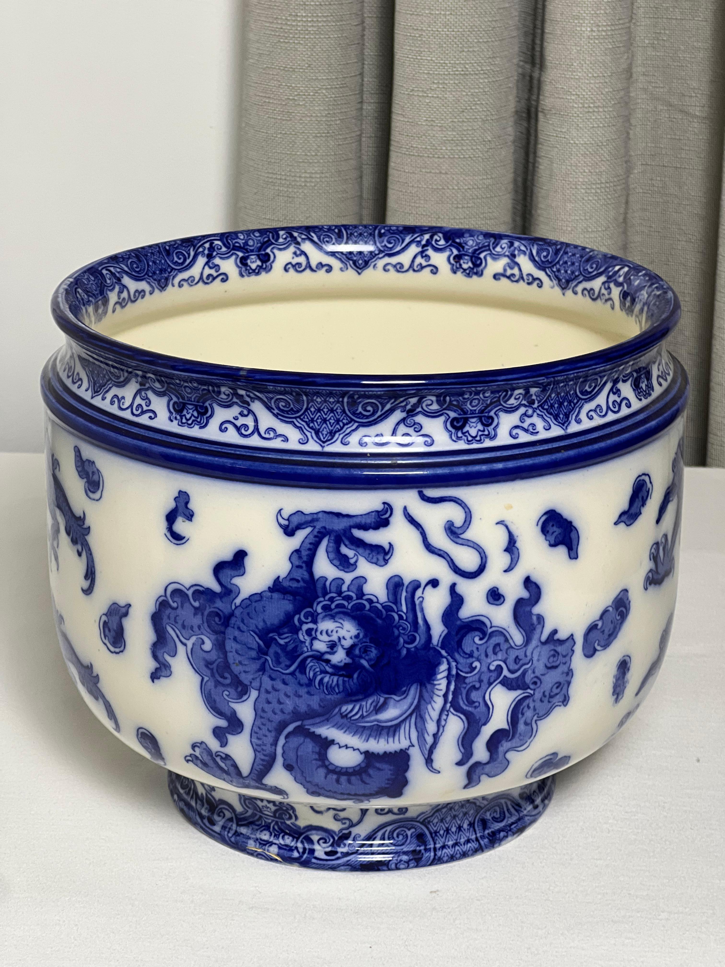 Chinoiserie Royal Doulton 'Oyama' Pattern Flow Blue Porcelain Jardiniere For Sale