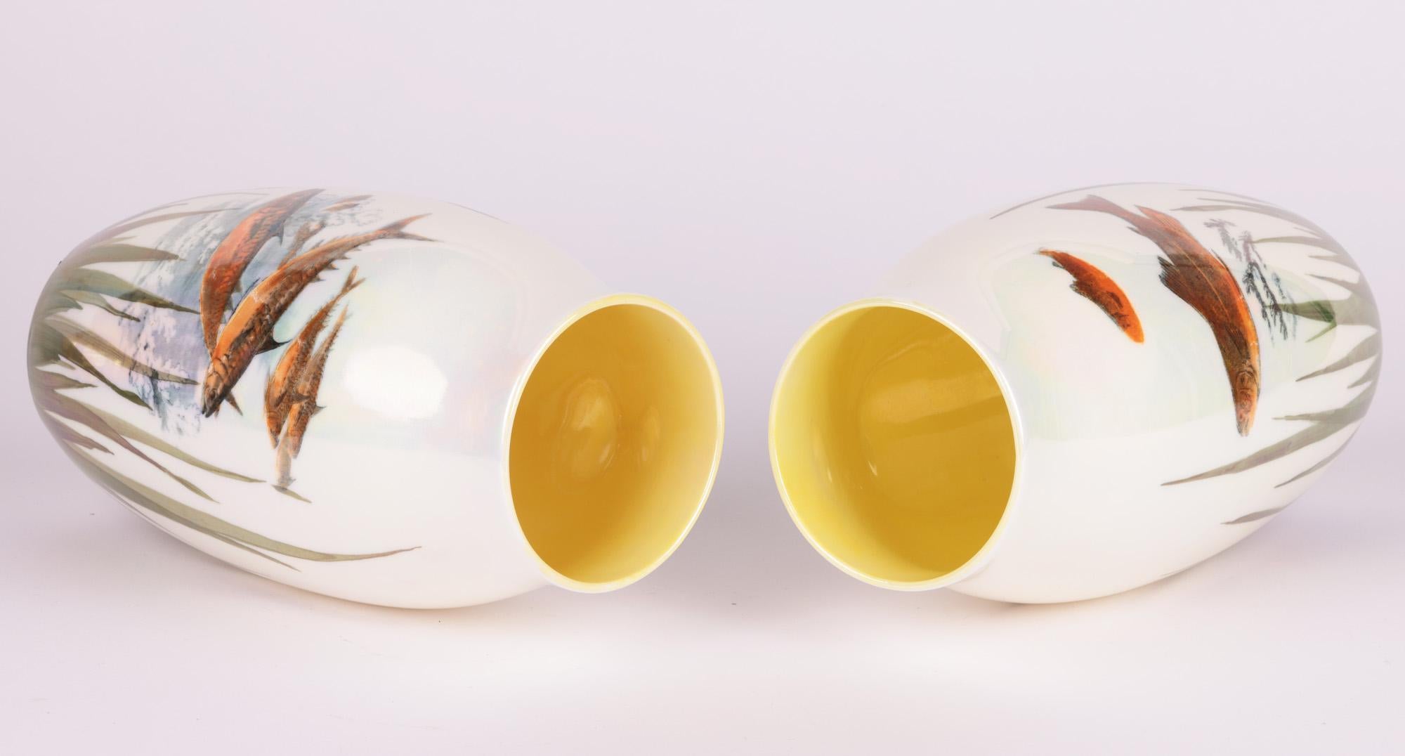 Art Deco Royal Doulton Pair Lustre Glazed Art Pottery Vases with Fish