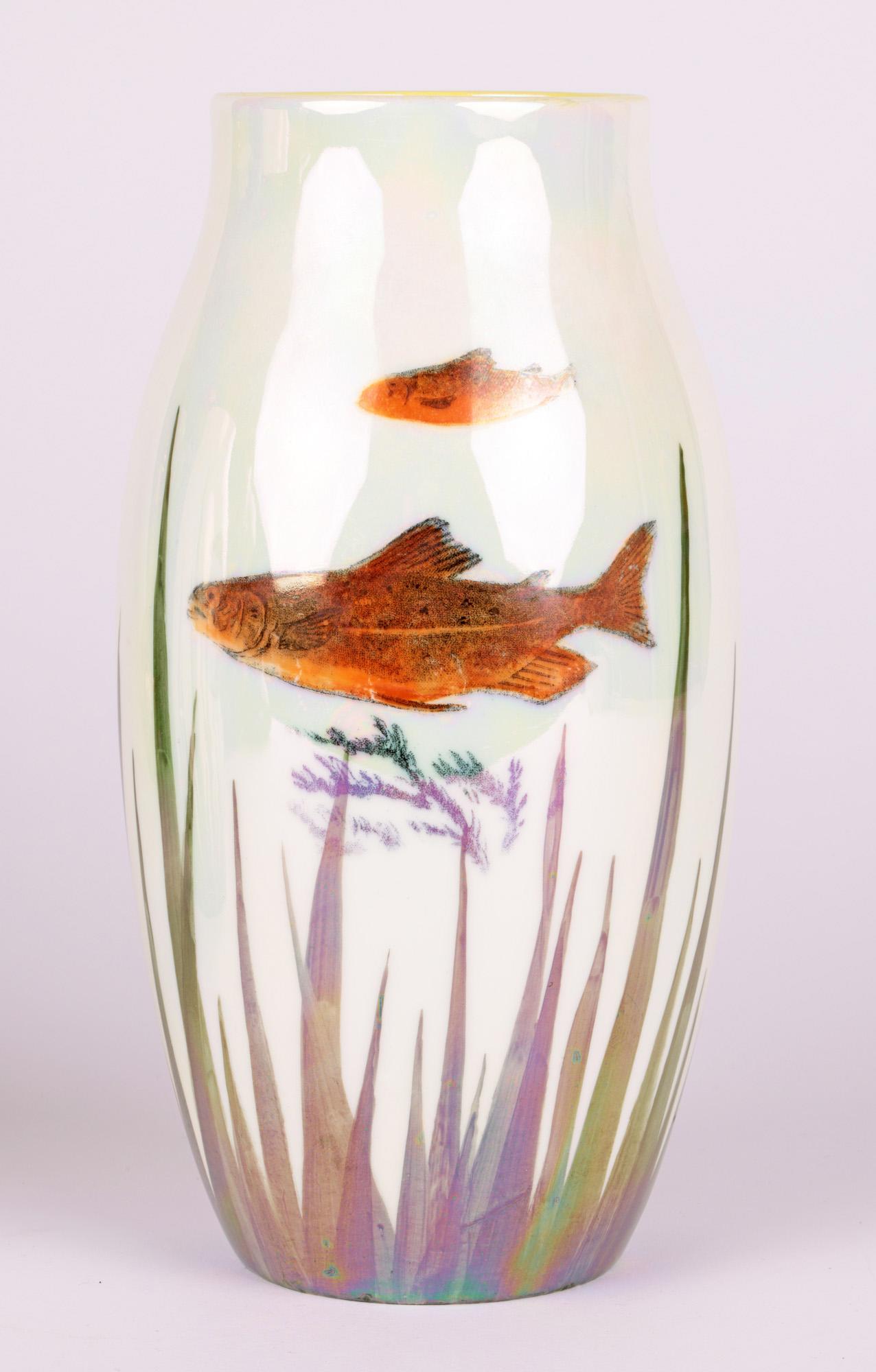 English Royal Doulton Pair Lustre Glazed Art Pottery Vases with Fish