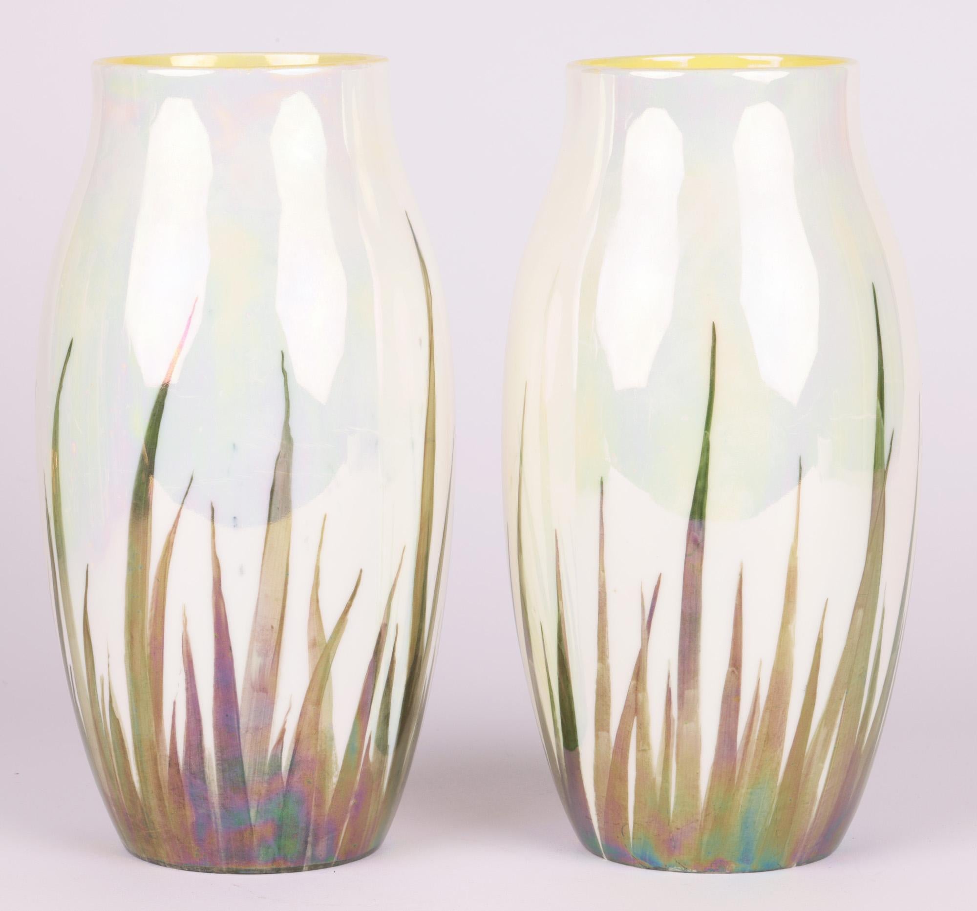 Hand-Painted Royal Doulton Pair Lustre Glazed Art Pottery Vases with Fish