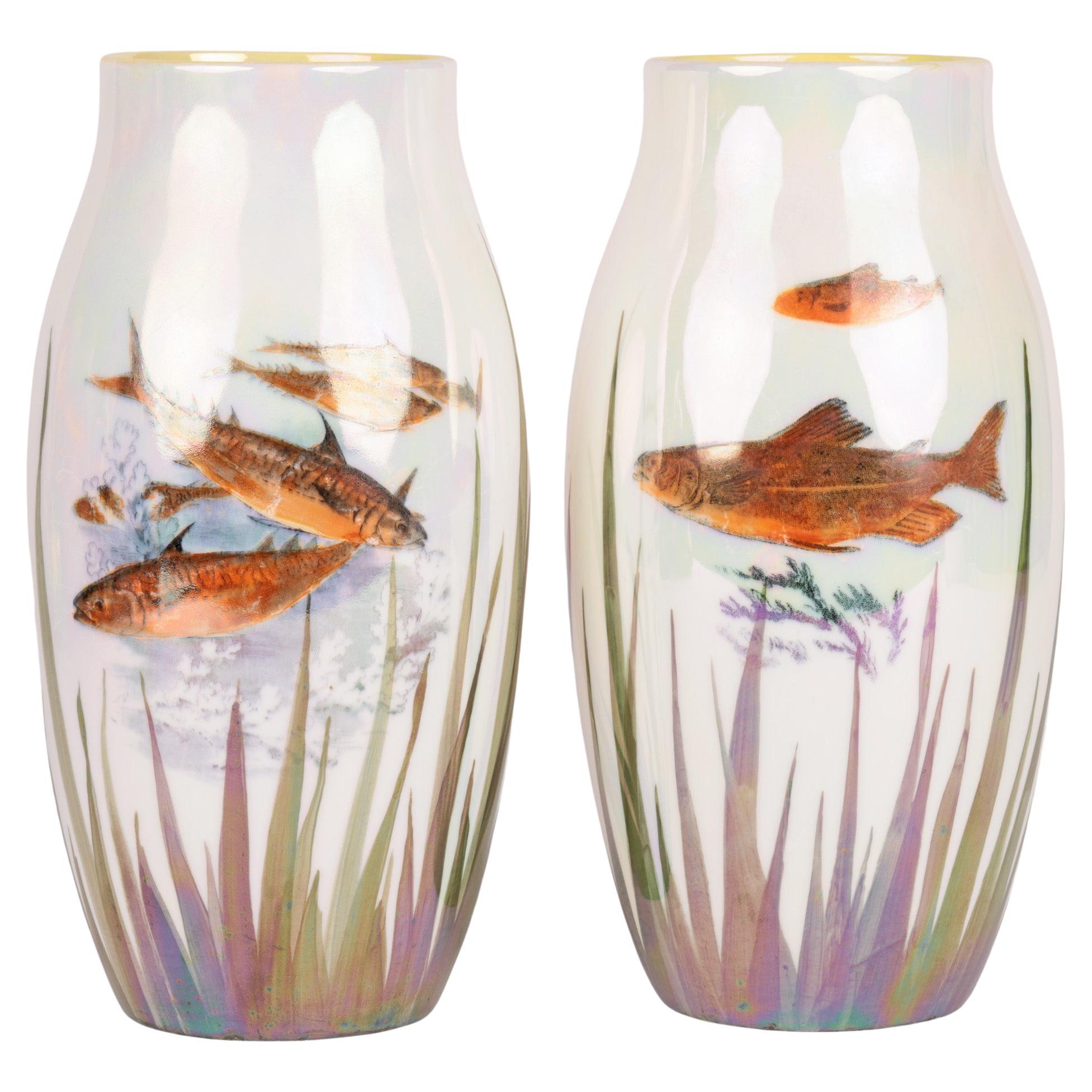 Royal Doulton Pair Lustre Glazed Art Pottery Vases with Fish