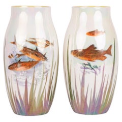 Antique Royal Doulton Pair Lustre Glazed Art Pottery Vases with Fish 
